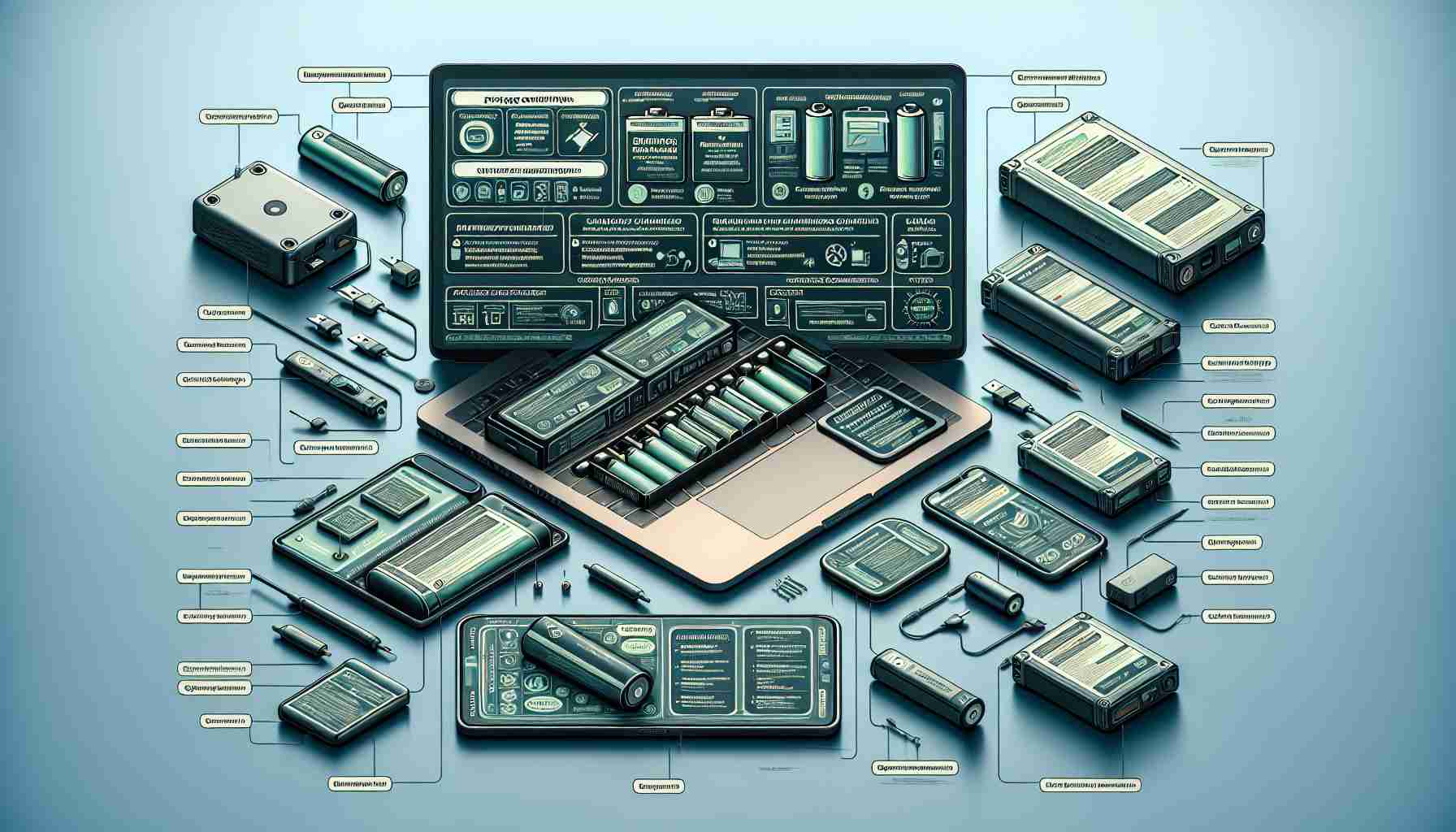 Generate an HD quality, realistic image showcasing various preventive measures for ensuring battery safety in electric devices. The image should include labels explaining each measure. These may include proper storage conditions for batteries, size and type compatibility, avoiding extreme temperatures and moisture, and regular checks for leakage or damage. Some of the devices displayed may include a laptop, a cell phone, and a portable power bank.