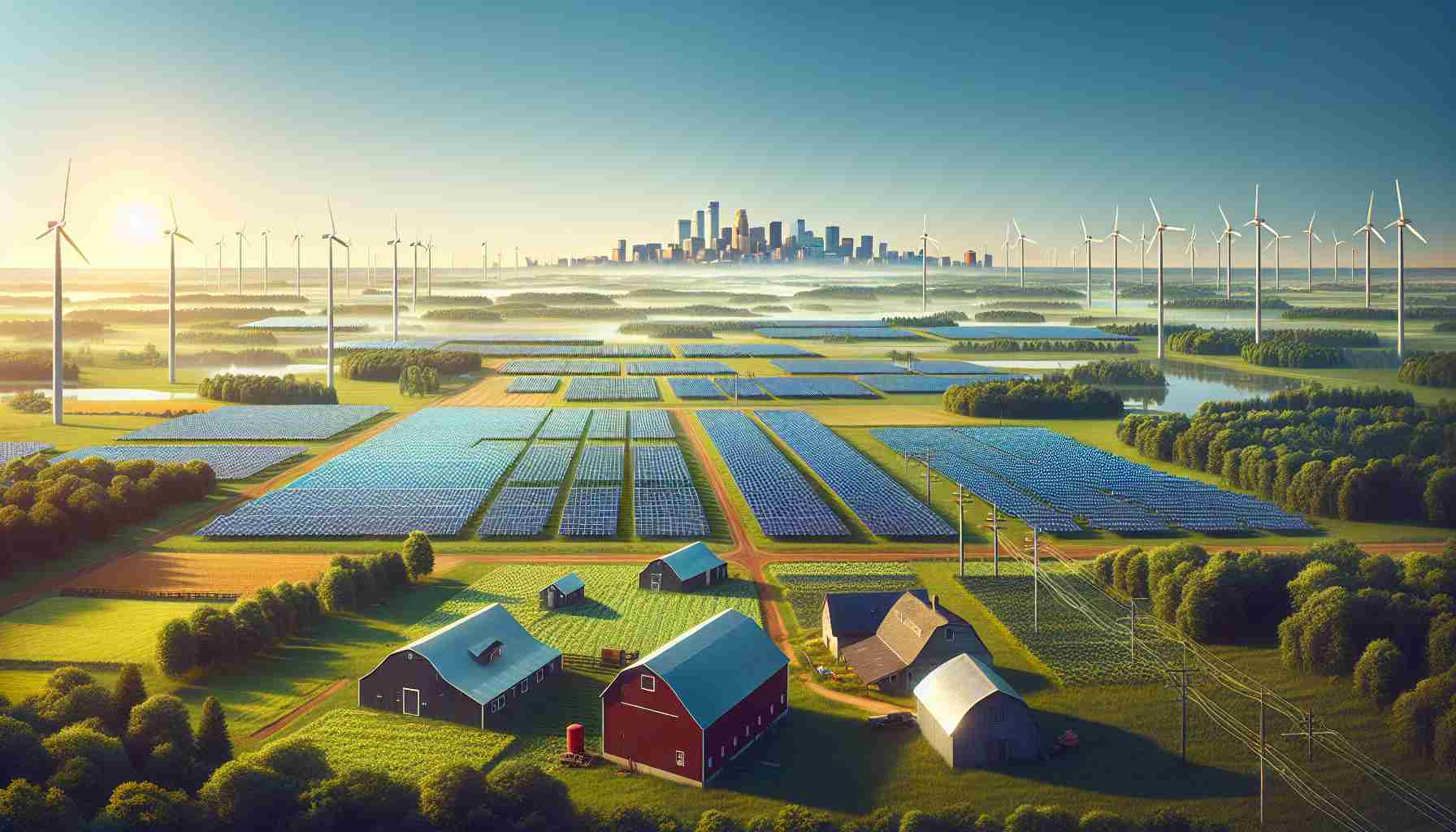 Generate a realistic, high-definition image showcasing solar energy expansion in Minnesota. The image could include wide, open fields filled with rows upon rows of solar panels. Some upright panels could be converting sunlight into electricity. In the background, small houses and barn structures illustrate a rural scene. Farther in the distance, the city skyline represents the urban areas that benefit from this renewable energy source. Green trees and clear blue sky add a touch of natural beauty. Please add depth to the image to offer a detailed and layered perspective of this renewable energy scene.