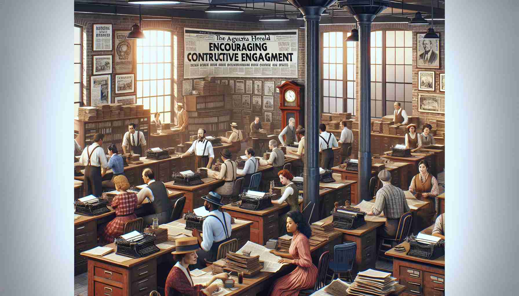 Create a realistic high-definition image of a scene representing encouraging constructive engagement. The location is an old-style print newsroom, filled with rows of desks and typewriters. People of different descents, genders - Hispanic women reporters, Black men proofreaders, South Asian office assistants, and Caucasian editors are all engaged in lively discussions. Vintage prints of the newspaper 'The Augusta Herald' can be seen framed on the walls. There should be an overall mood of collaboration and intellect, and an old grandfather clock is ticking away in the corner.