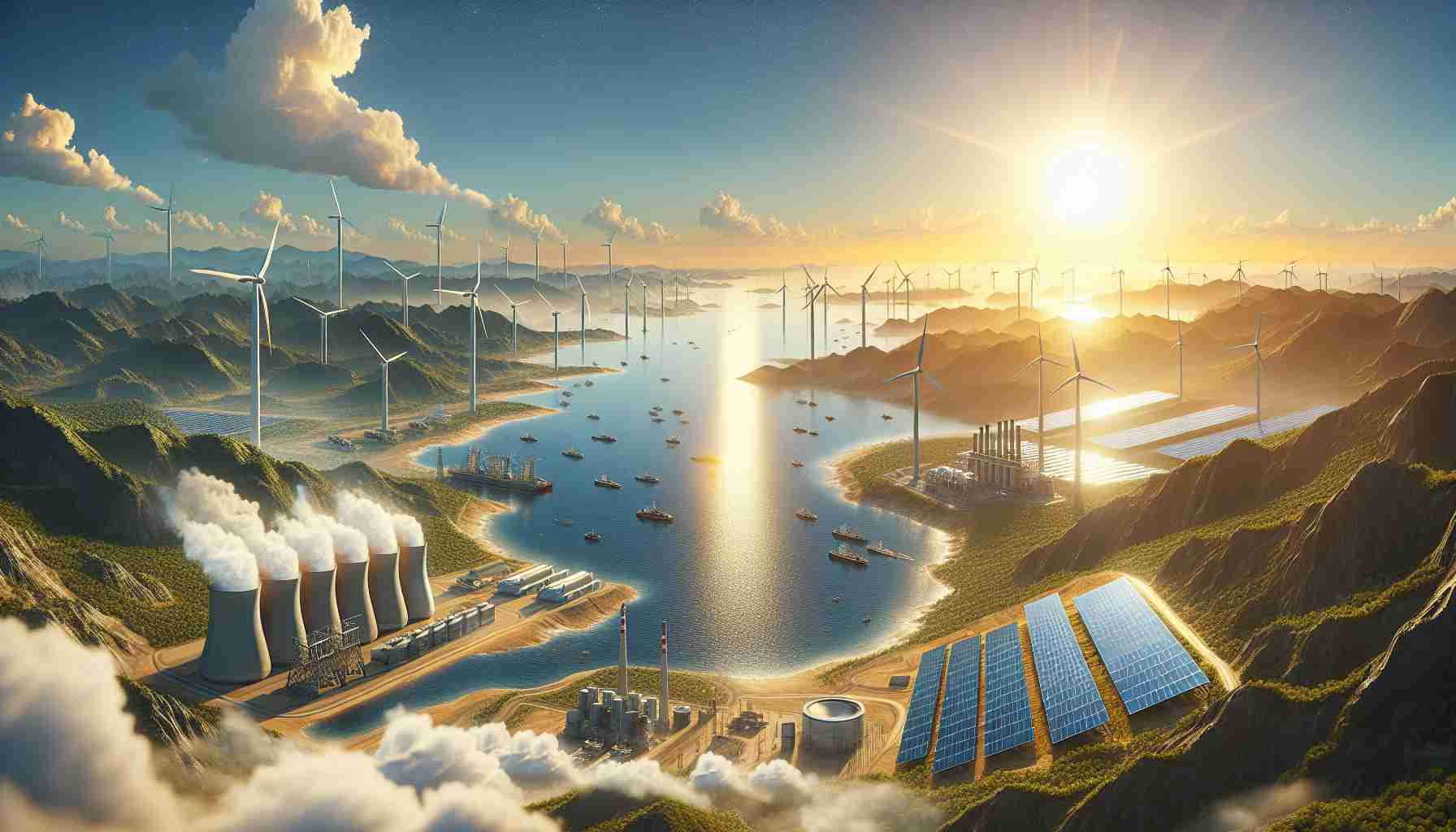 Create a high-definition, realistic image showcasing the evolving landscape of renewable energy. The image should depict various renewable energy sources such as solar panels in a sunny desert, large offshore wind turbines near a beautiful coastline, and a hydropower station by a swiftly flowing river. In the distance, show the transition from traditional energy sources to greener alternatives, with fewer fumes coming out of factories and the replacement of fossil fuel plants with sustainable energy farms. Also, portray a bright, gleaming sun in the sky, indicating a hopeful, cleaner future for our planet.