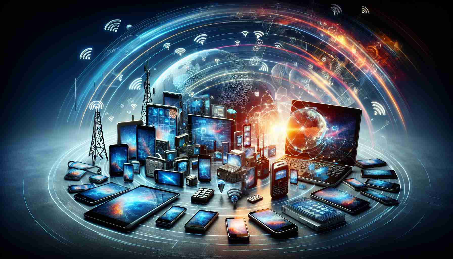 A high-definition realistic image that represents the concept of the portable connectivity revolution. The scene can include various portable devices like smartphones, tablets, and laptops along with symbols of connectivity such as Wi-Fi signals, network towers, etc. It should depict the evolution and transformation of the technology sphere from hefty devices to compact, handheld pieces. Add some dynamic elements to capture the sense of rapid advancement - perhaps data flowing quickly from one device to another, or holographic screens projecting from tiny gadgets, or a globe in the background symbolizing universal reach.