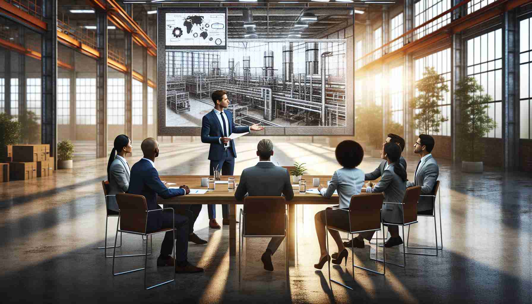 Realistic high-definition image of a new executive leading a meeting at a contemporary industrial plant, symbolizing a restructuring phase. The scene includes a diverse group of employees - an African woman, a Hispanic man, a Caucasian man - listening attentively to the leader's strategic plans. It's clearly a moment of change and renewal, seen in the graphics displayed in the meeting room and the overall positive vibe of the situation.