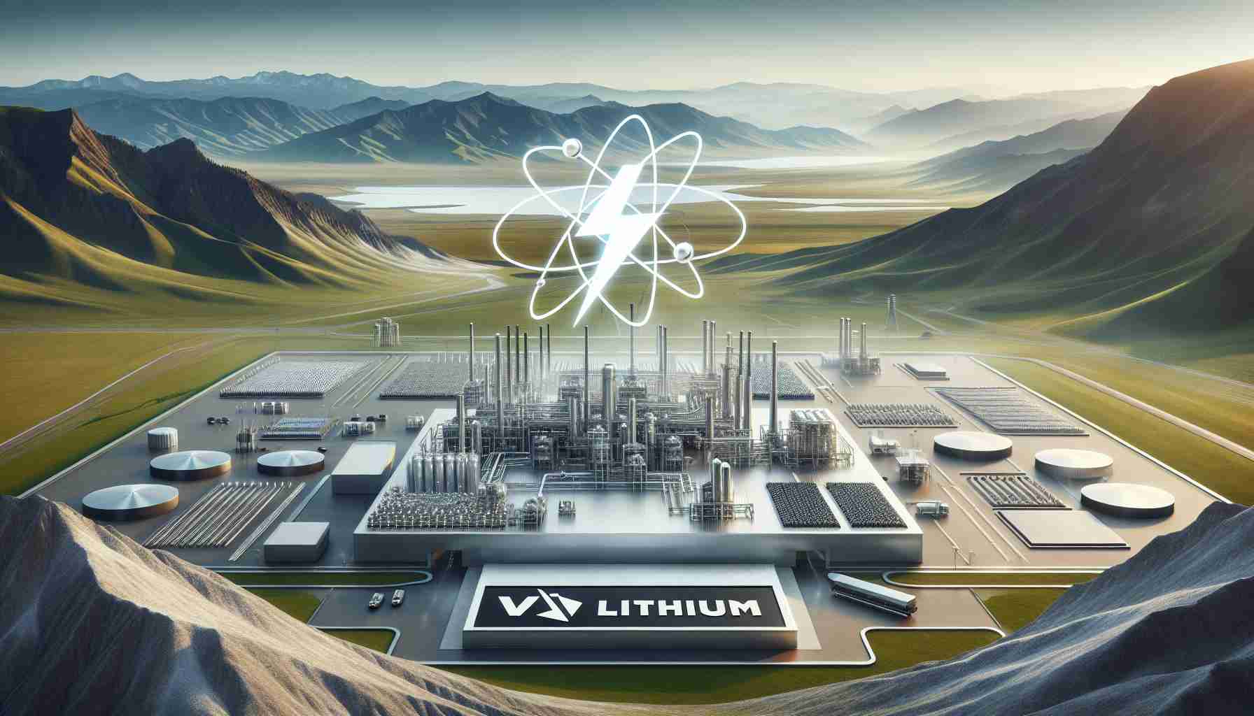 A high definition realistic image showcasing Volt Lithium Corporation, a leader in lithium production in North America. Their innovative techniques and technologies are represented on a backdrop of the North American landscape. The forefront of the image focusing on an impressive lithium production facility, with various elements signifying modernism, sophistication, and efficiency. The distant background showcasing the diverse panorama with possibly mountains or rolling plains. Include a visually striking logo, perhaps lightning bolt-inspired to symbolize 'volt', and a lithium atom with its distinctive three electrons orbiting the nucleus, symbolizing the signature product.