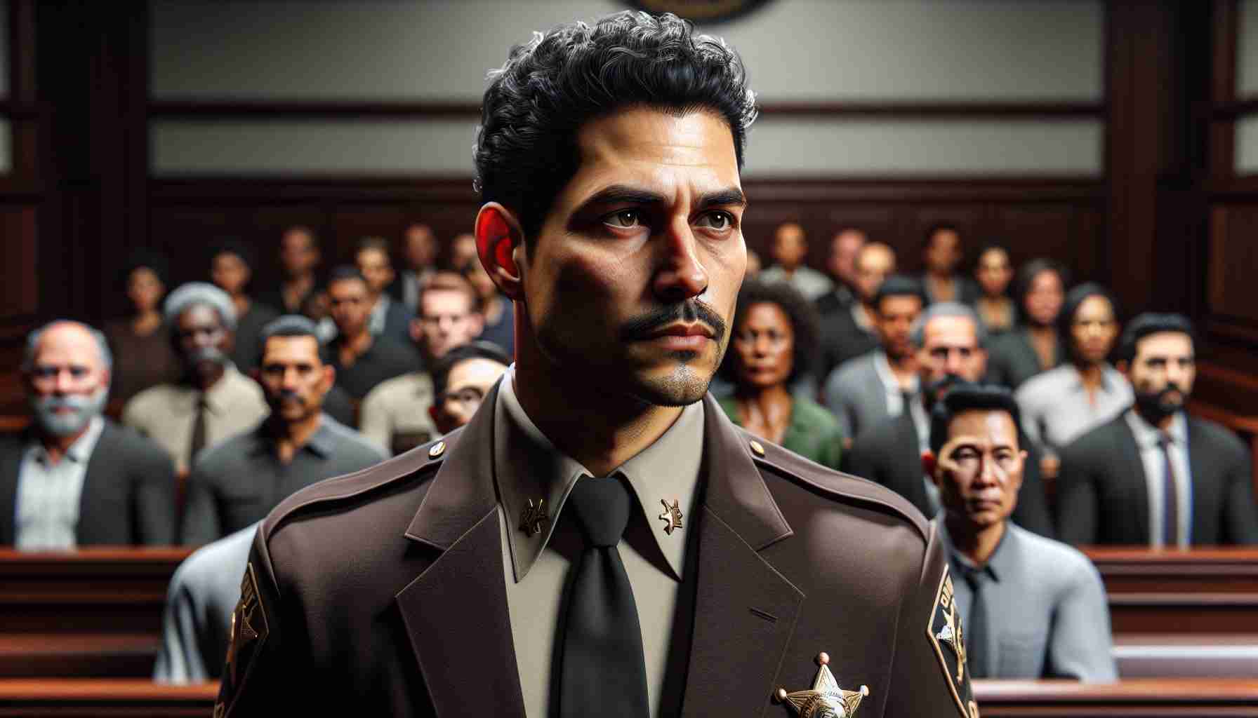 A high-definition realistic scene set inside a courtroom. The focus of the image is a Sheriff's deputy of Hispanic descent, dressed in formal attire, appearing assertive, yet calm. His determined eyes speak of his innocence. The courtroom atmosphere is tense, with a diverse set of people forming the audience, including men and women of various descents such as Caucasian, Black, and Middle-Eastern. The scene embodies a moment of profound anxiety and suspense, reflecting American justice system in action.