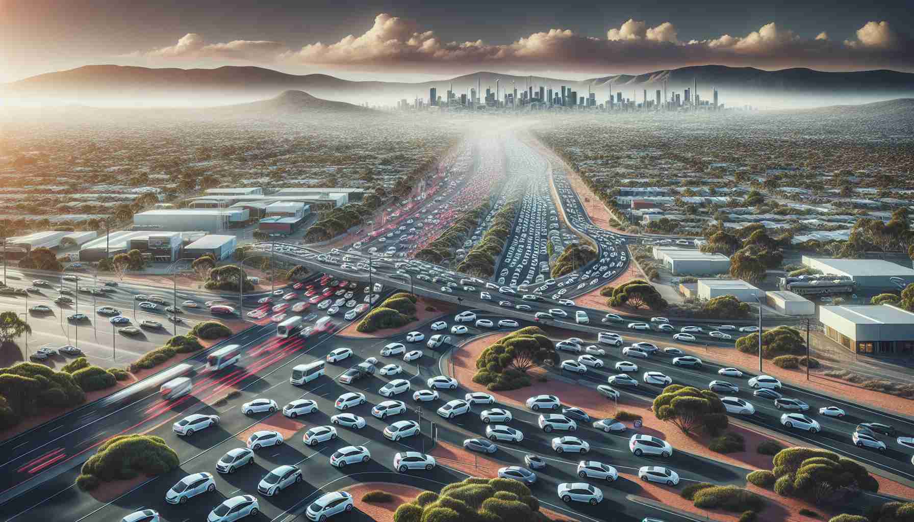 Generate a realistic high-definition image depicting the extensive electric vehicle penetration in Australia. The image should show a multitude of electric cars parked or on the move across various cityscapes and roads with iconic Australian landscape elements like desert roads, coastal highways, urban streets, and eucalyptus groves.