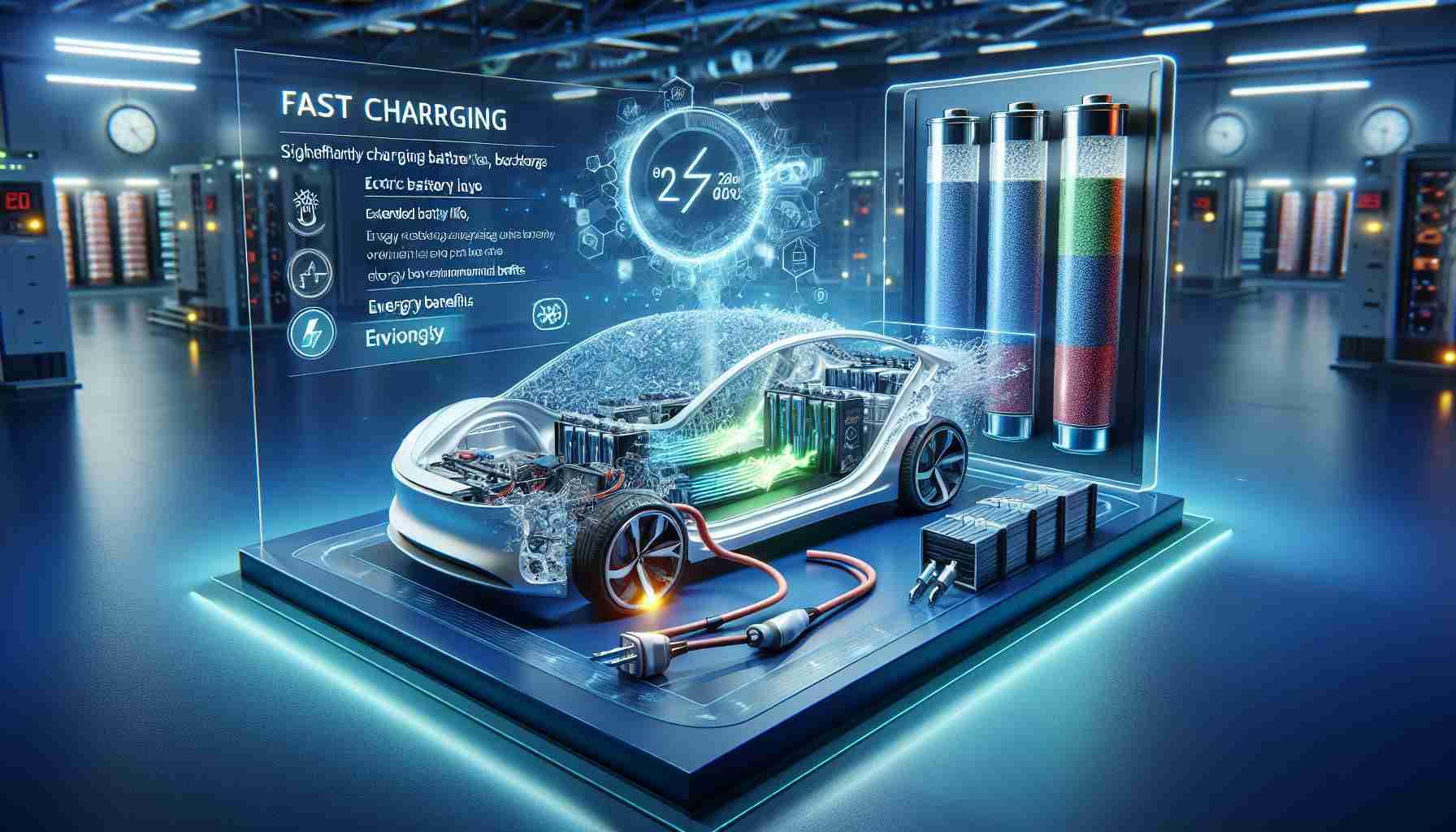 Imagine a high-definition, realistic scene representing a breakthrough in electric car batteries, illustrating the concept of fast charging. The key components of the scene would be cutting-edge battery technology, possibly seen through an open shell of an electric vehicle, with energy flow indicators showing electric currents charging the battery rapidly. A display panel or an infographic nearby provides key details about the breakthrough: significantly reduced charging times, extended battery life, environmental benefits, among others. All set within an advanced laboratory or development center environment, which further underlines the revolutionary aspect of the technology.