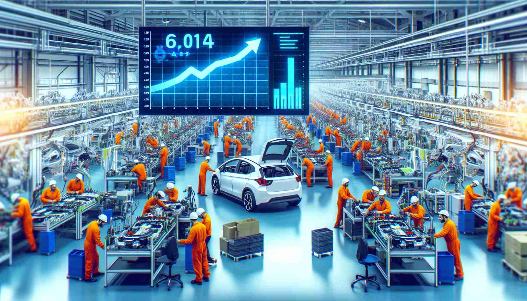 Generate a high-definition, realistic image representing the electric vehicle industry in Spain. Show a vibrant factory floor full of Spanish workers of different genders and descents, assembling cutting-edge electric vehicles. Include visuals of large screens displaying upward trending graphs indicating strong financial investments into the sector.