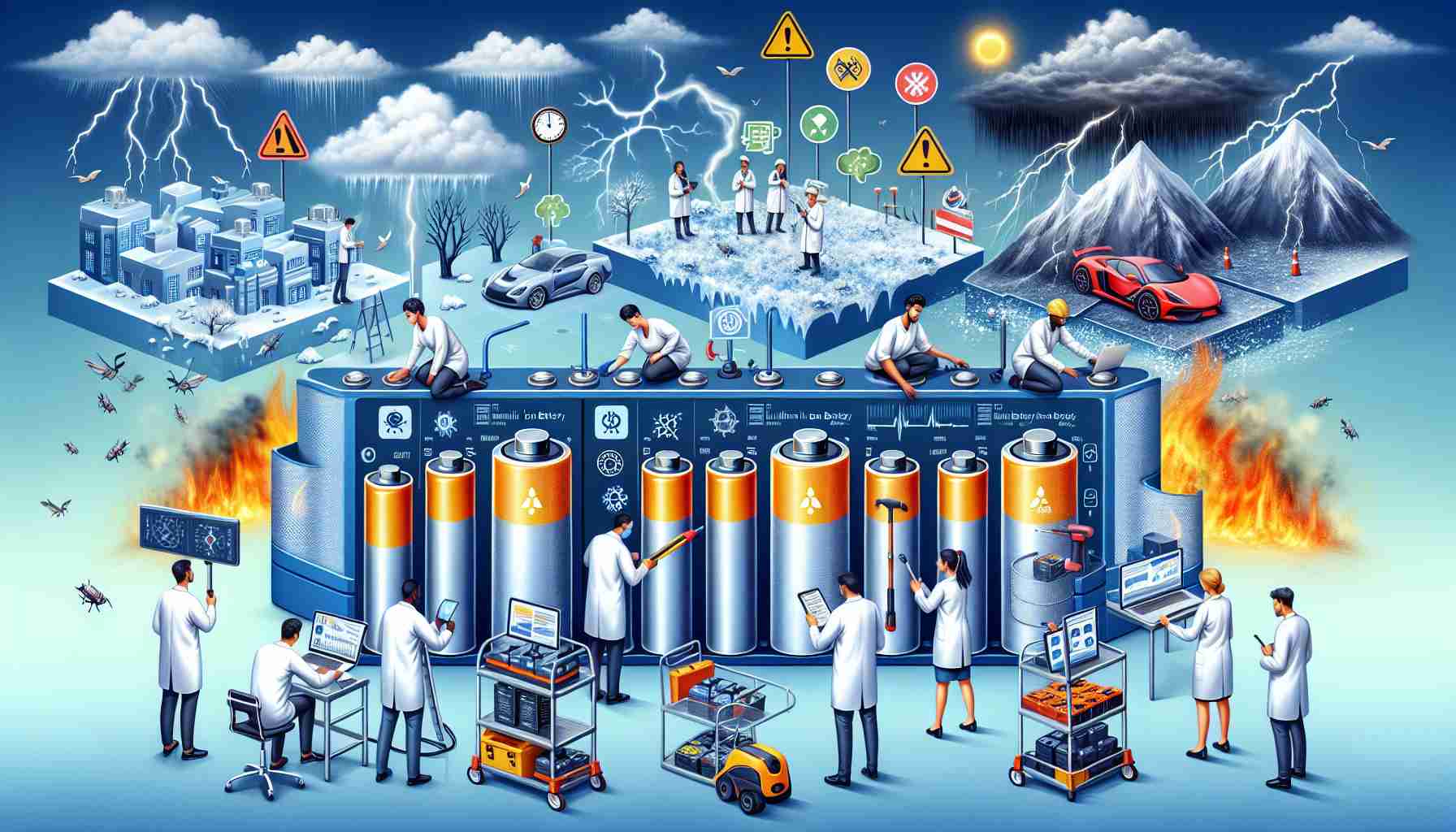 Depict a scene of precautions being taken to prevent Lithium-ion battery hazards in extreme weather conditions. We see researchers checking the health of the batteries and analyzing data to ensure efficiency and safety. They use specific tools and wear safety gear to handle these batteries. In the background, display various weather conditions like an intense heatwave, a heavy snowstorm, and a raging thunderstorm to represent the extreme weather conditions. All researchers in the image should be diverse in gender and descent. For instance, there could be a South Asian male scientist, a Black female scientist, and a Hispanic male scientist all collaborating on this project.