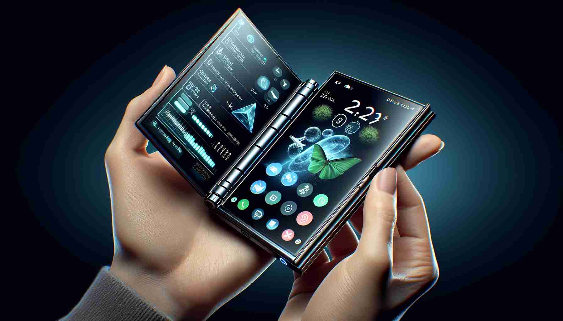 Realistic high-definition image depicting the advanced features of a conceptual futuristic foldable smartphone