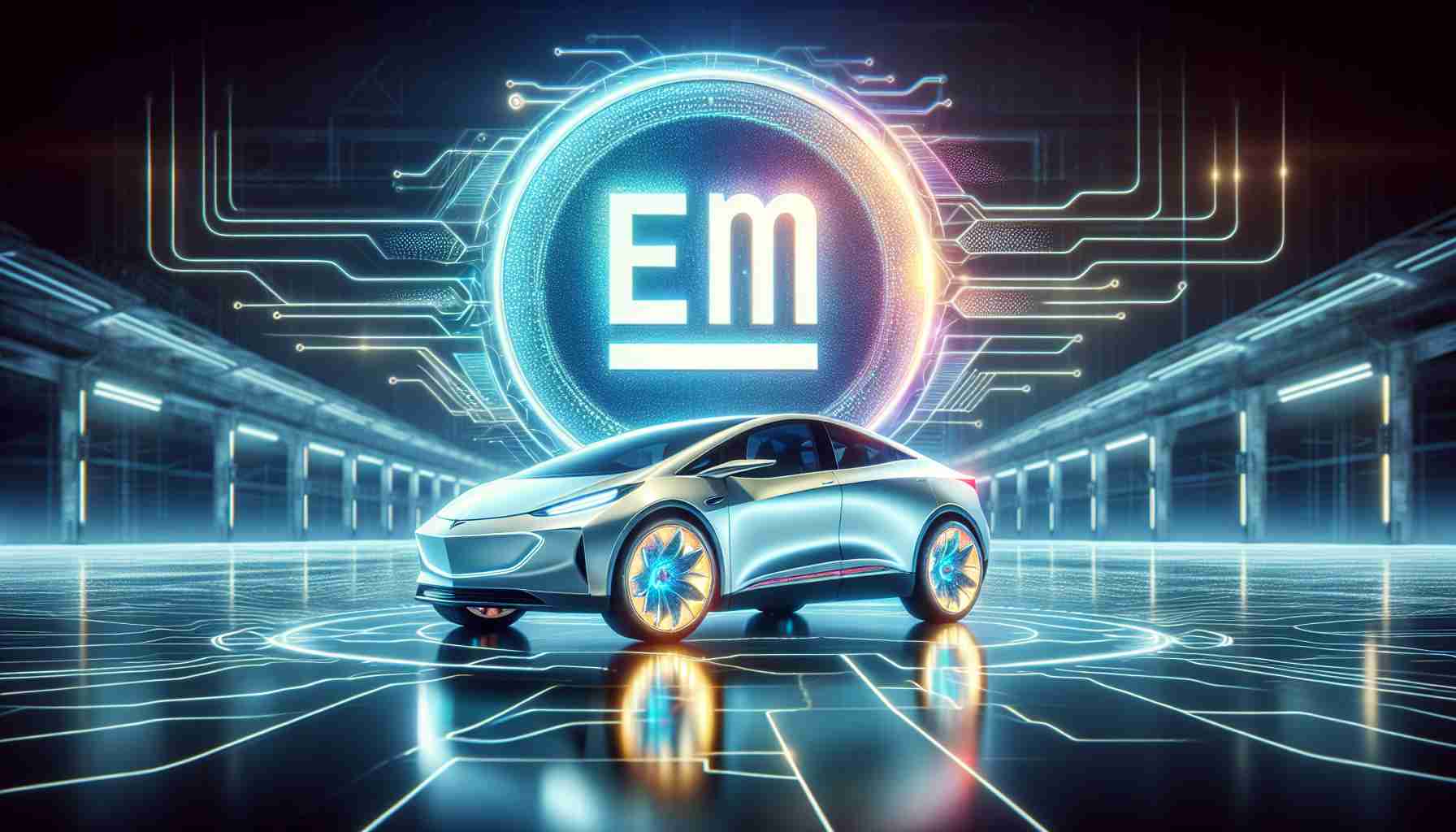 Generate a high-definition, detailed image of the rebranding of General Motors' electric vehicle technologies. The scene should portray a vibrant, modern logo that signifies the eco-friendly, cutting-edge technology of electric vehicles. It should be imbued with innovative, futuristic elements and design, reflecting the company's evolution and commitment towards green and sustainable transportation. Add context by including a sleek, newly designed, electric model of a car that embodies the rebranding. Note that the depiction of the car should not represent any specific model, but rather illustrate a generic, futuristic electric car.