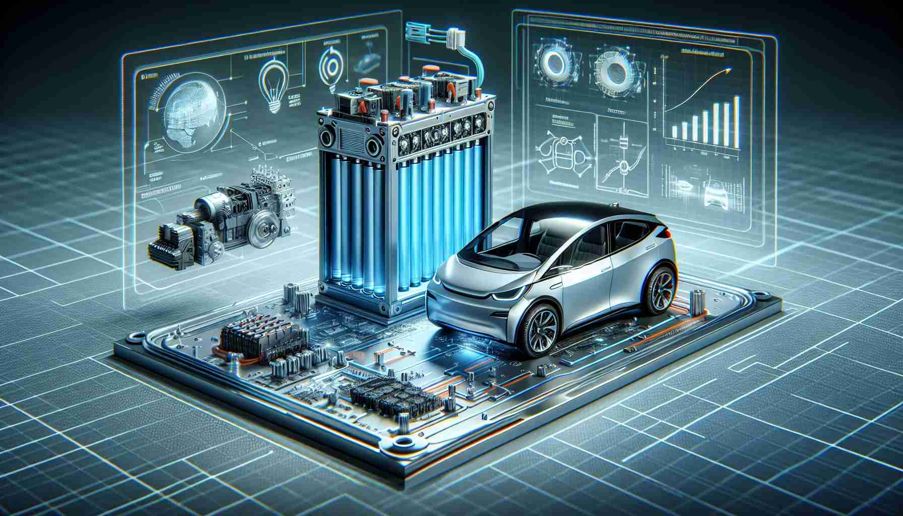 High-definition, realistic image showcasing the revolutionary new battery technology for electric vehicles. The scene includes a schematic view of the new battery system with its intricate parts displayed, overlaid on a depiction of an electric vehicle. There are also graphical depictions conveying the improved power and efficiency introduced by the new technology, including a bar graph comparing the battery's performance with that of traditional batteries. The color palette complements the futuristic and technological aspects, with dominant shades of cool gray, silver, and bright blue.