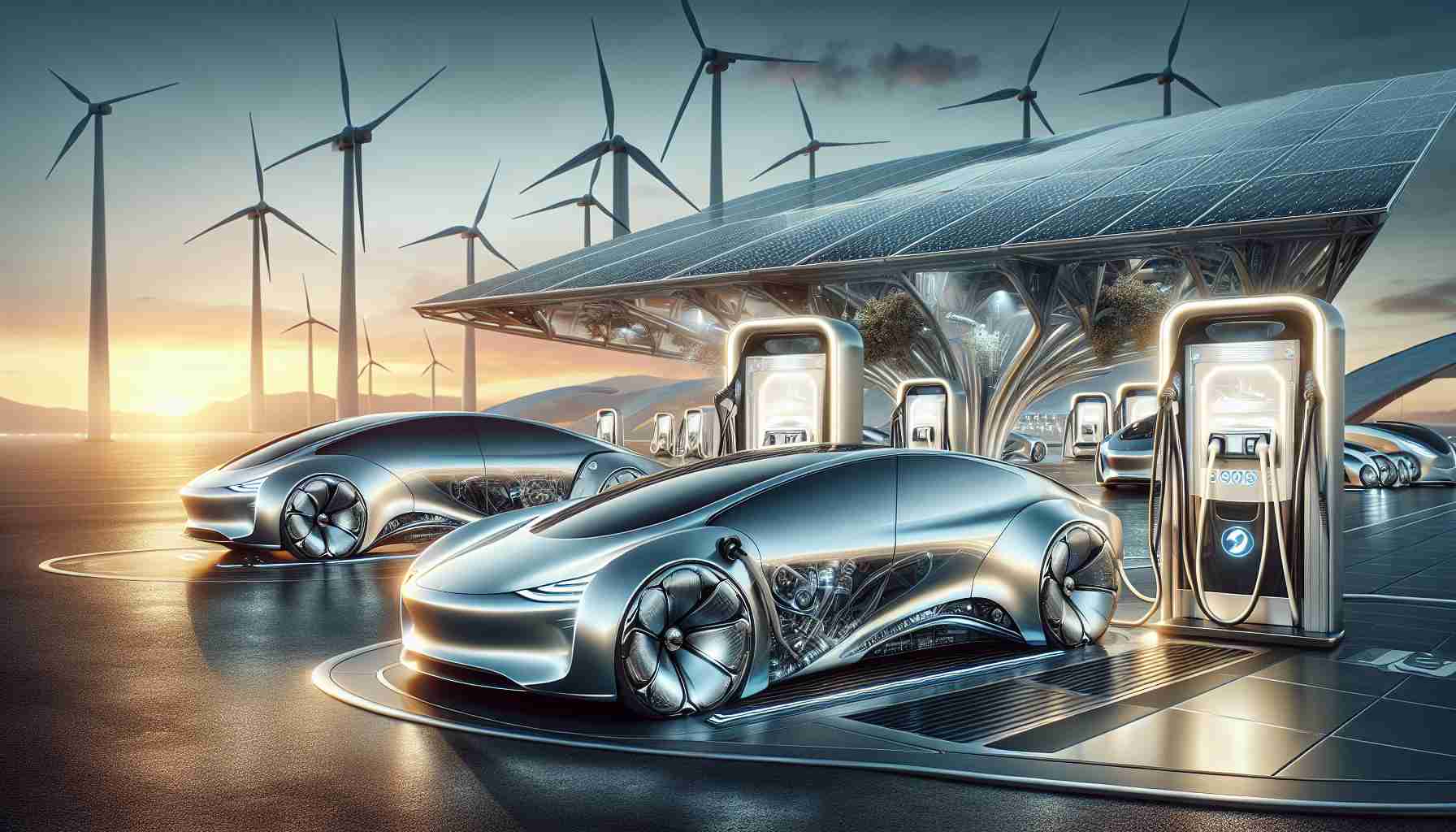 An intricately detailed and photorealistic depiction of electric vehicles revolutionizing the transport sector. The vehicles are stylishly designed with sleek, aerodynamic lines. Their outer shell is lustrous, with solar panels subtly integrated into the design. They are parked at a futuristic charging station which is characterized by high-tech energy generation methods such as wind turbines, solar arrays, and perhaps even undisclosed advanced technology. The image should clearly illustrate the leap in technology, basking in the ambiance of a dawn or dusk setting to metaphorically represent the advent of a new era in transport.