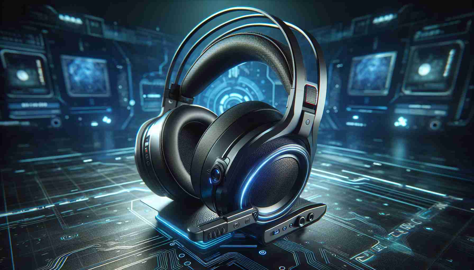 A high-definition, realistic image of a recently introduced, revolutionary gaming headset. The headset features the latest advancements in technology, including surround sound capabilities, comfort fit engineering and immersive virtual reality integration. Its sleek design is made of a futuristic material with glossy finish, LED lights, and intuitive control buttons. The backdrop consists of a high-tech digital environment alluding to the dynamic and thrilling experience of gaming.