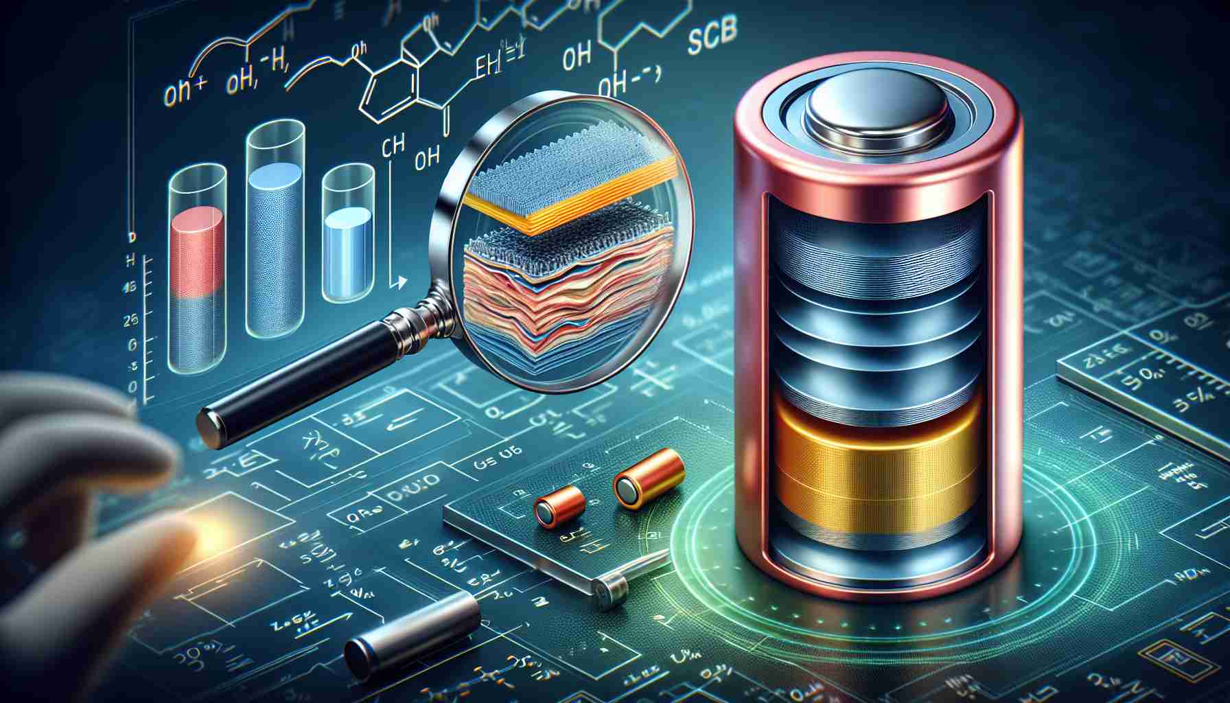 Visual depiction of the concept 'New Insights into Battery Technology: Uncovering the Secrets of Energy Storage'. Showcase a realistic HD image that includes a half-peeled or dissected battery revealing layers within to symbolize the secrets of energy storage. To hint 'new insights', include a magnifying glass zooming in on the layers and scientific equations in the background.