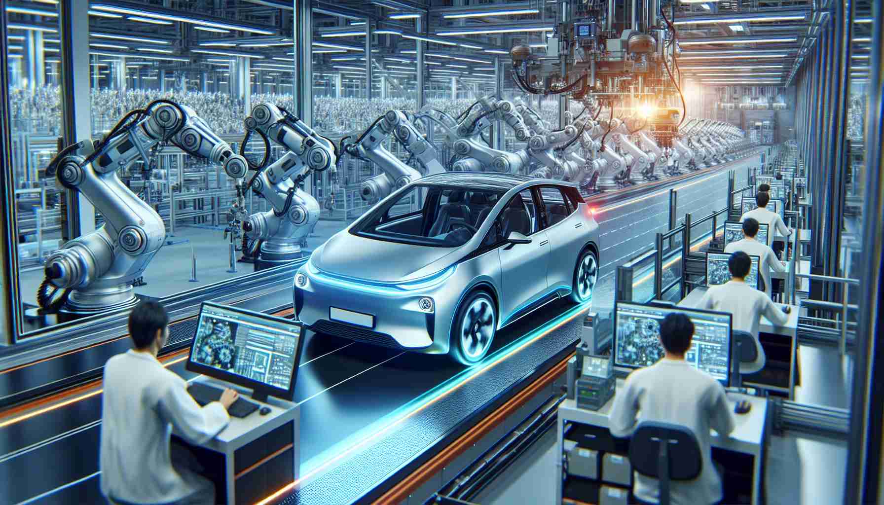 A high definition, realistic image of the latest advancements in sustainable transportation. The image should depict an eco-friendly automobile produced by a top-tier company in the automotive industry. The car is running on a futuristic production line with robotic arms and advanced machinery working intricately and meticulously. In the background, engineers of diverse descents and genders are closely monitoring the production process from computer screens. The overall scene demonstrates a perfect blend of human expertise and technological advancement pushing the boundaries of sustainable transportation.