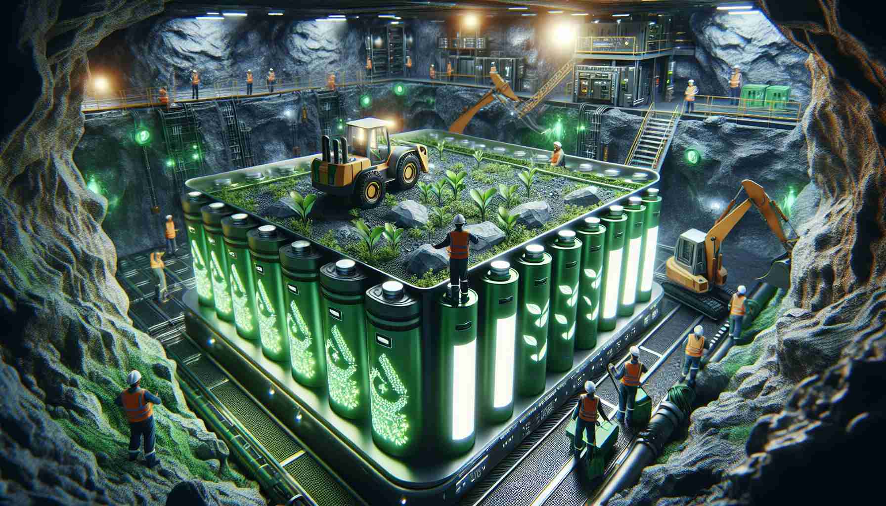 A detailed, high definition image that showcases the concept of revolutionizing mining operations through sustainable battery technology. The scene might depict a futuristic underground mining operation utilizing green, environmentally-friendly batteries. These batteries could feature contemporary design elements symbolizing eco-friendliness, such as leaf patterns or green LEDs. Moreover, the miners could be a mix of different genders and races, which includes a black woman and an Asian man to ensure inclusivity. Various mining equipment can be powered by these batteries, highlighting the integration of sustainable energy in mining practices.