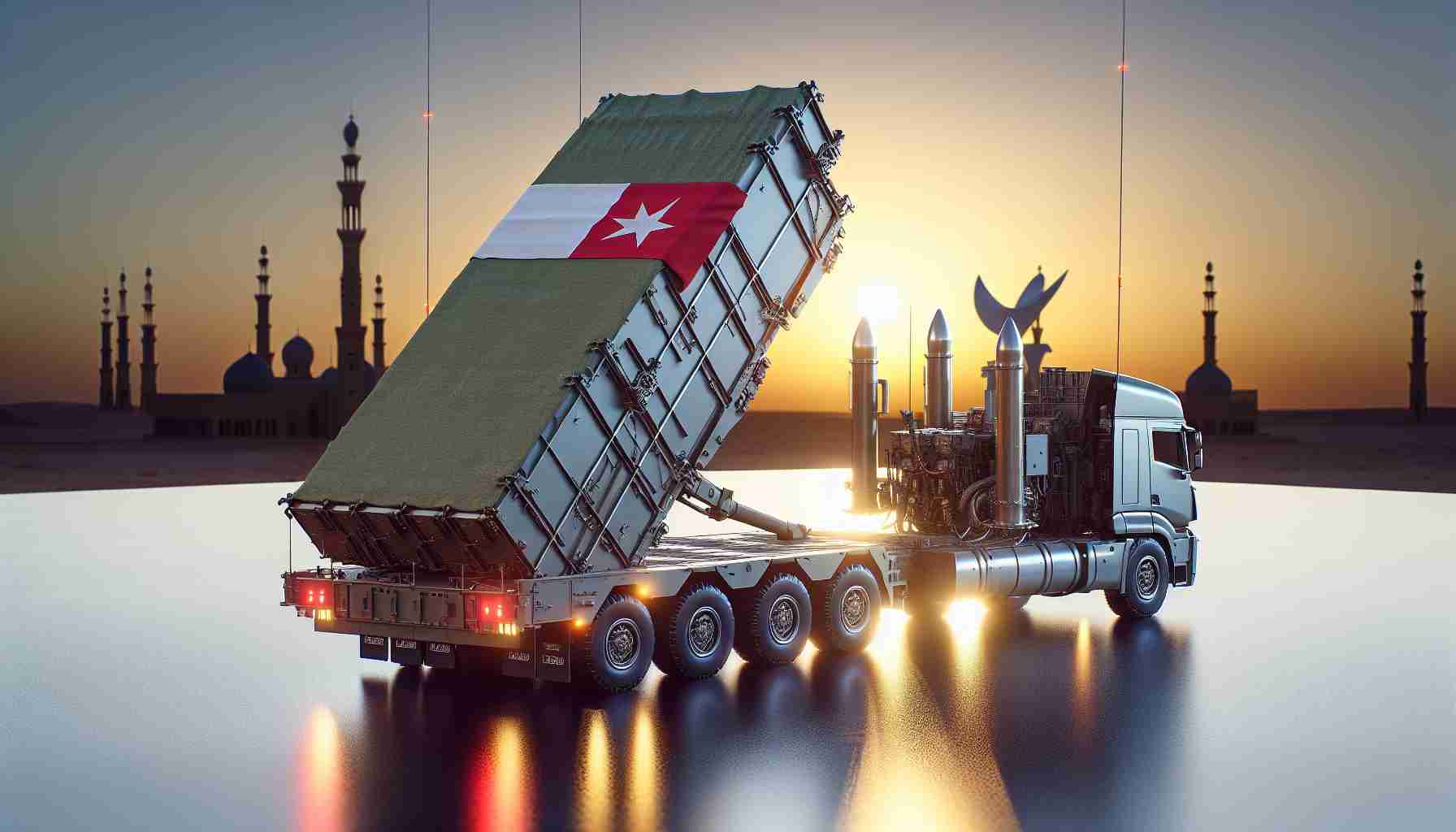 A highly detailed, realistic image of a generic advanced defense system being delivered to an unidentified Middle Eastern country, with a reflective sun setting in the backdrop.