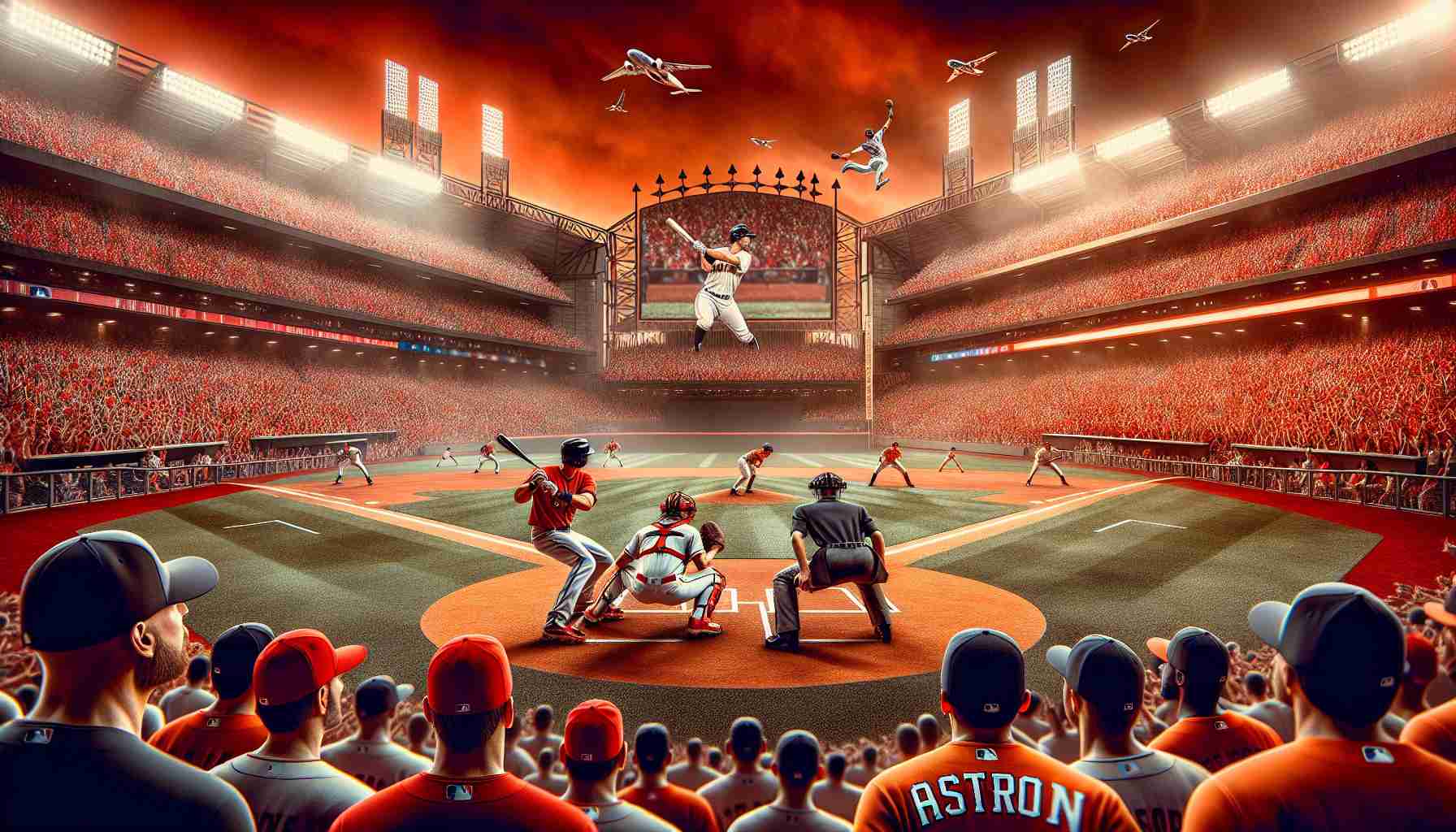 Generate a hyper-realistic, high-definition image of a thrilling baseball game in progress, portraying it as a clash of giants or 'Titans'. The two competing baseball teams are clothed in predominantly red and orange uniforms, representing the 'Red Sox' and 'Astros' respectively. The packed stadium buzzes with excitement and anticipation. Players on the field are highly focused, showcasing their professional skills and phenomenal athletic prowess. The picture should capture the intensity and competitiveness of the game, the team spirit and the electrifying atmosphere in the stadium.