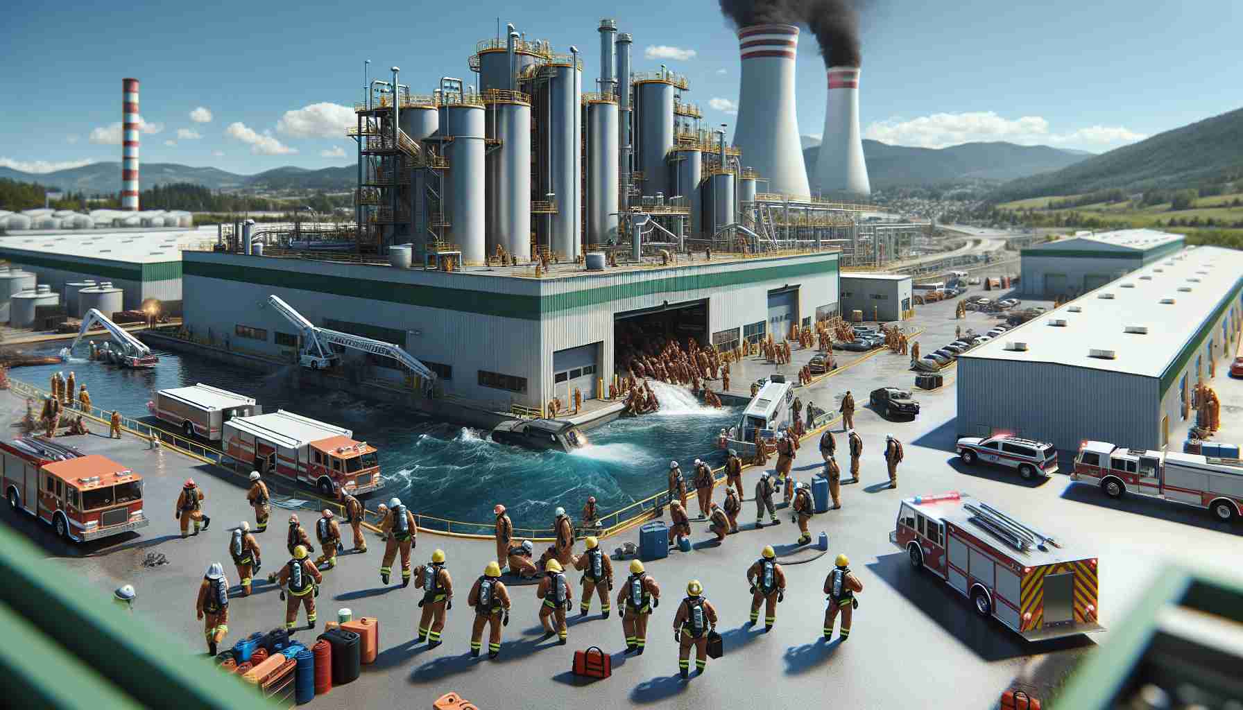 High-quality realistic image of a potential environmental disaster being prevented at a large battery manufacturing plant located in a town similar to Fredericktown. The scene captures quick response teams in action managing the situation. Hazardous materials are being safely removed and managed by a diverse team of both men and women of various descents from Caucasian, Hispanic, Black, to Middle-Eastern, South Asian. The environment is depicted as safe with clear blue skies.