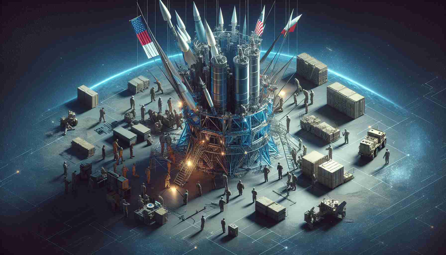 Realistic HD image of an abstract representation of a powerful nation assisting another nation with the deployment of their missile defense system. This should be depicted as a physical installation being set up, with large technological structures, and military personnel of diverse descents and genders supervising the process and collaborating on the task. Avoid specific flags or nation symbols in the image. This should look like a high stakes, cooperative, scientific-military operation.