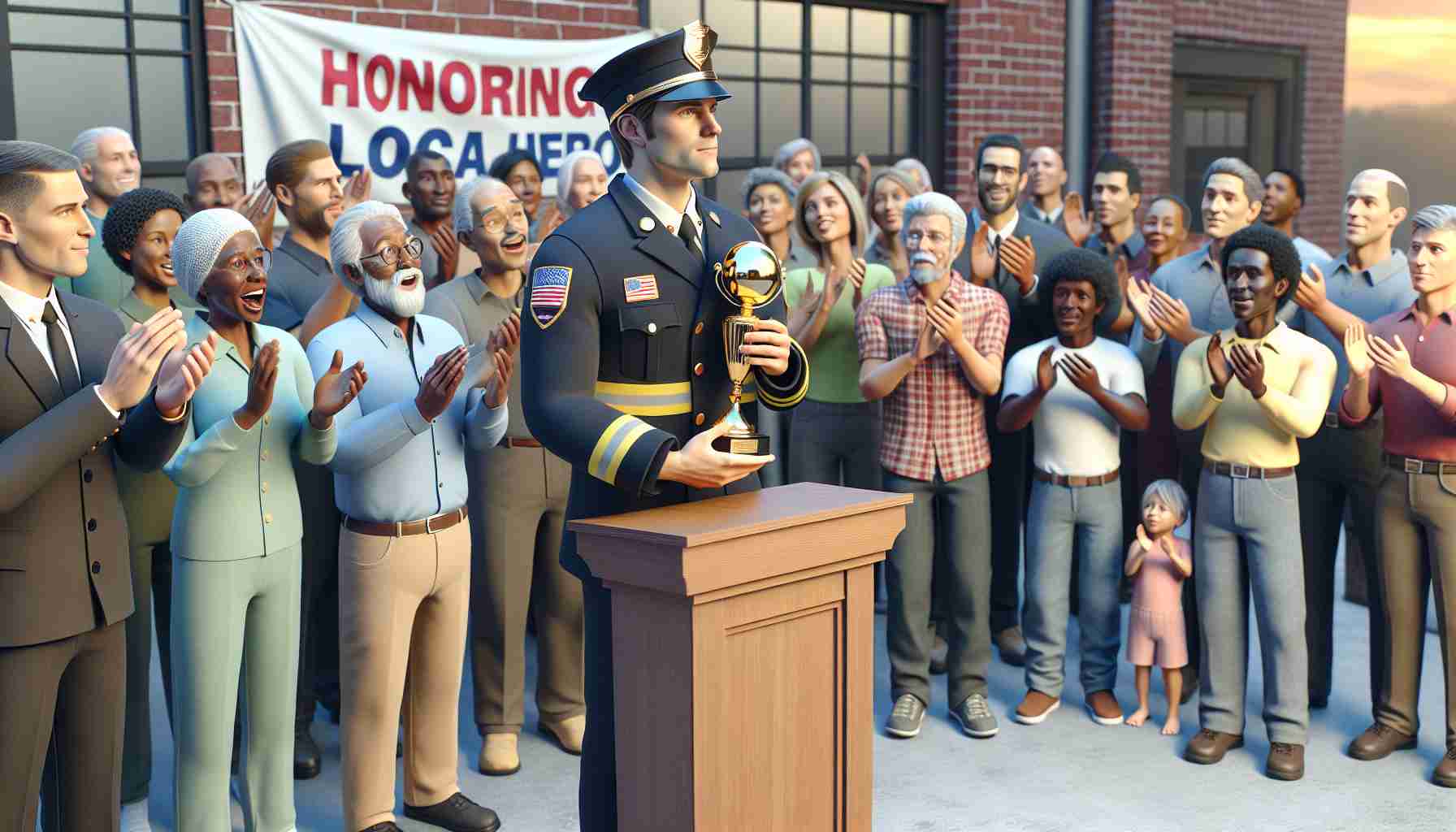 Create a high-definition, realistic image capturing a local hero being honored for acts of bravery. In the scene, a Caucasian male fireman in uniform stands on a podium. Local community members, featuring men, women, and children of various descents such as Hispanic, Black, Middle-Eastern, and South Asian, applauding him. Exhibit their admiration and respect on their faces. The fireman holds a shiny golden trophy in his hands, a symbol of his bravery. In the backdrop, a banner says 'Honoring our Local Hero'. The atmosphere of the scene should convey the hero's humble pride and the community's thankful recognition.