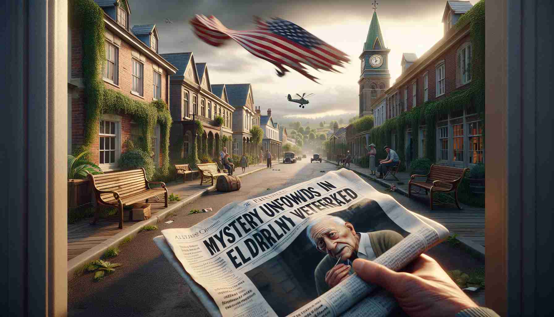 A realistic high-definition scene unfolds within a peaceful small town. A crumpled newspaper with the headline 'Mystery Unfolds in Small Town: Elderly Veteran Attacked' flies along the wind-swept street. The town consists of old-world brick buildings, an iconic clock tower, and distant lush greenery. The atmosphere is touched by an eerie silence; a sense of mystery and suspense fills the air. An anonymous elderly man with South Asian descent, distressed and confused, is found sitting on a wooden bench, surrounded by a small crowd of various genders and descents displaying concern and puzzlement.