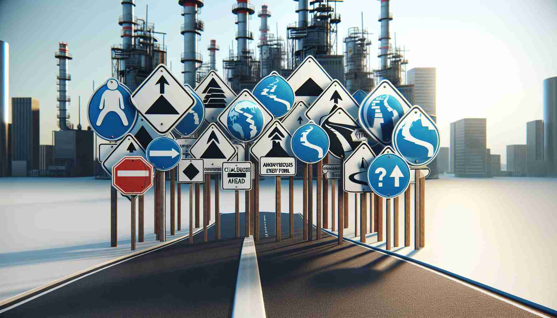 A high-definition, photo-realistic interpretation showing a figurative representation of the concept 'Challenges Ahead'. The scene includes a graphic of international road signs symbolizing various obstacles that a company, like an anonymous energy firm with expansion plans, could face. Such signs could include those for steep inclines (indicating uphill struggles), sharp turns (indicating unexpected changes), and stop signs (indicating delays or halts). This conceptual image should not include depictions or logos of any real-world companies.