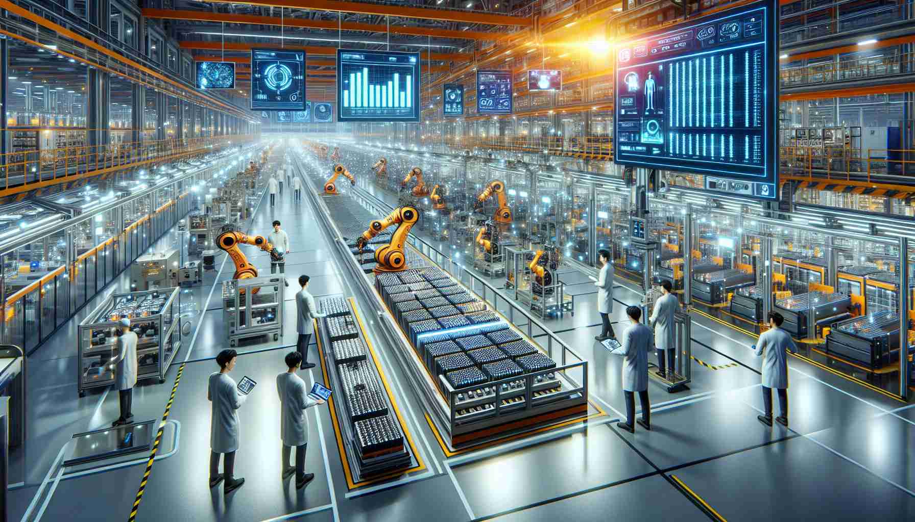 A high-definition, realistic image of an advanced battery production facility. The scene includes the interior of the factory with various cutting-edge inspection technologies streamlined alongside the production line. Robotic arms are seen meticulously assembling and inspecting the batteries. Engineers of various descents and genders are monitoring the process. LED screens display real-time data and analytics. The ambiance is well-lit and the atmosphere vibrant with sparks of innovation.