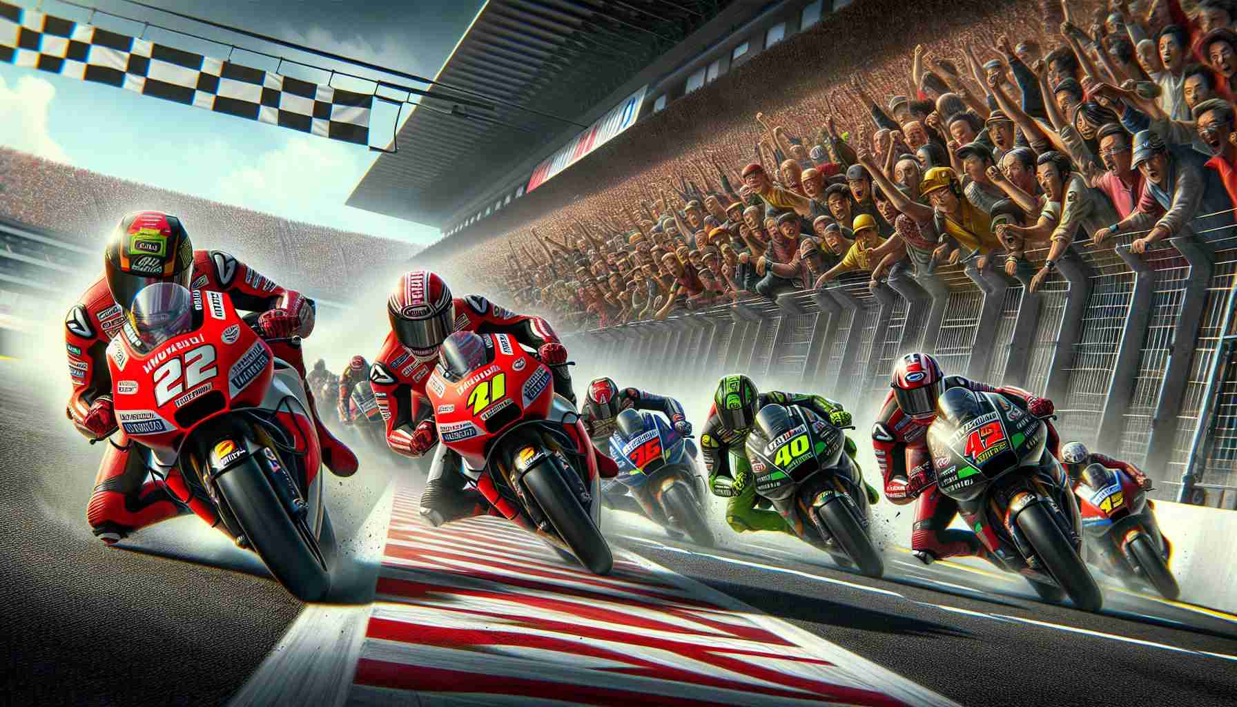 Envision a high-definition and realistic image of the final gripping moments on the last lap of a professional motorcycle race known as the MotoGP Japanese Grand Prix. Picture the revving motorcycles, expert riders leaning onto their machines at daring angles as they negotiate the challenging bends. The intensity is depicted on their facial expressions visible through the clear helmets. The grandstands are brimming with enthusiastic spectators, the commentators in the booth waiting with bated breath. The chequered flag can be seen, ready to be waved, and the pit crews anxiously watch the drama unfold.