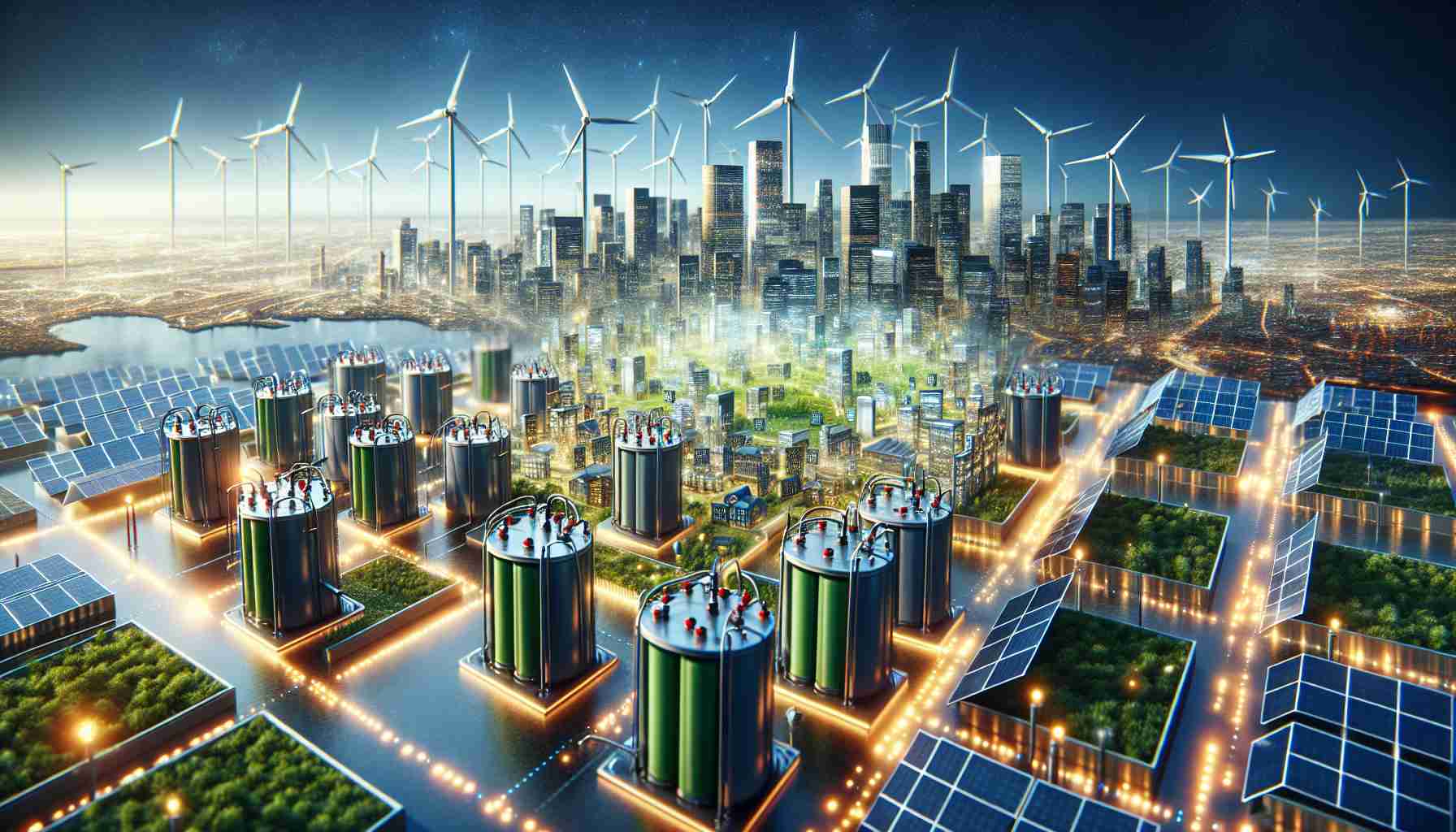 Generate a hyperrealistic, high-definition image representing innovative, sustainable energy storage methods. This might include a variety of batteries powering a green city, absorbing energy from multiple renewable sources such as solar panels, wind farms, and hydroelectric plants. Show these methods integrated into the city infrastructure, emphasizing a seamless, efficient, and clean energy network.