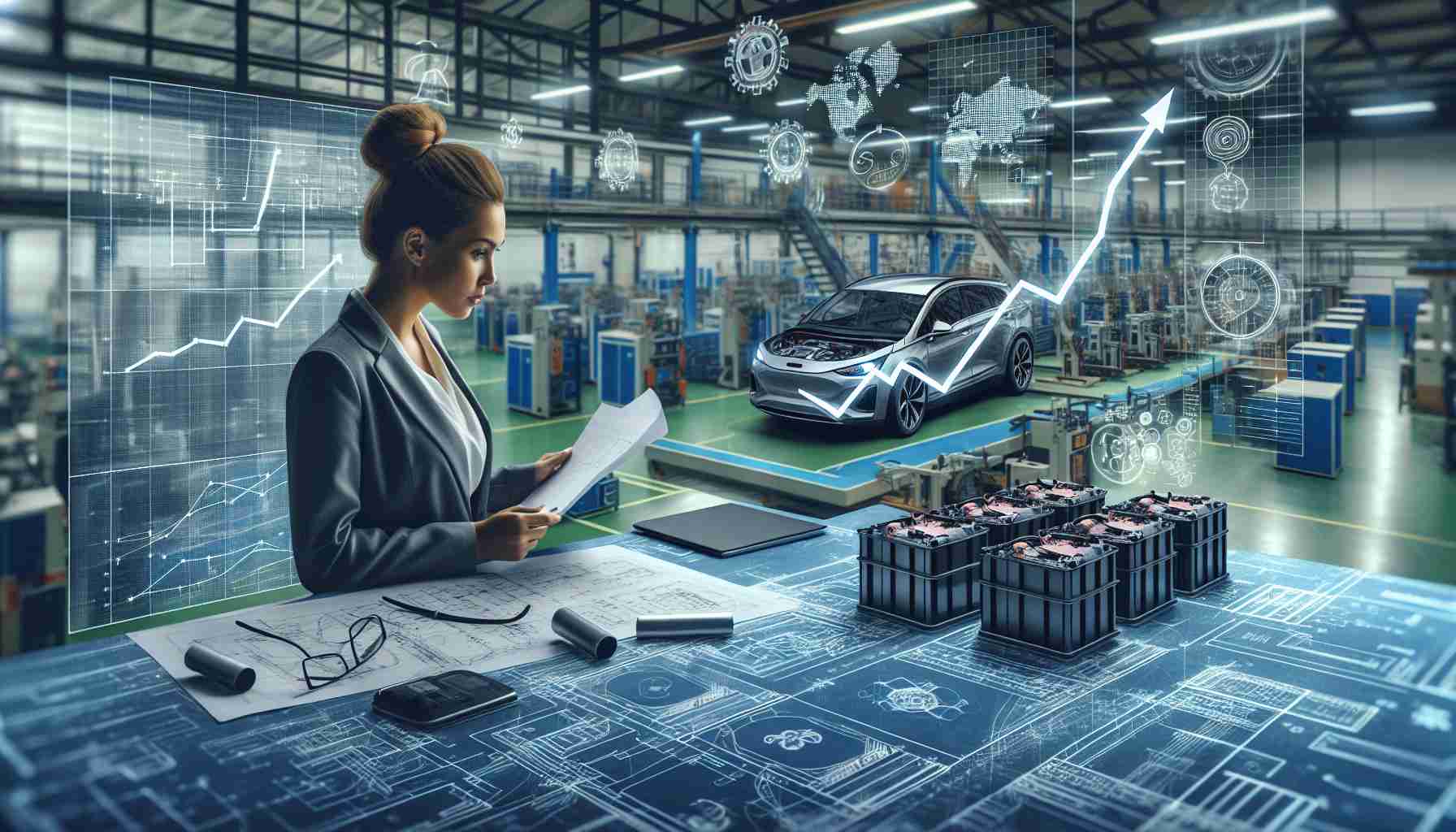 A high-resolution, realistic image displaying the challenges faced by a European electric vehicle (EV) battery manufacturer. The scene could include an eager Caucasian female engineer reviewing detailed blueprints and technical specifications of the battery. Scattered around her could be abstract symbols of challenges such as cost graphs trending upwards, maps indicating rigid regulations, and complex mathematical equations, indicating the intricate technology involved. As the backdrop, the interior of an industrial manufacturing plant with rows of batteries under production could be visible.