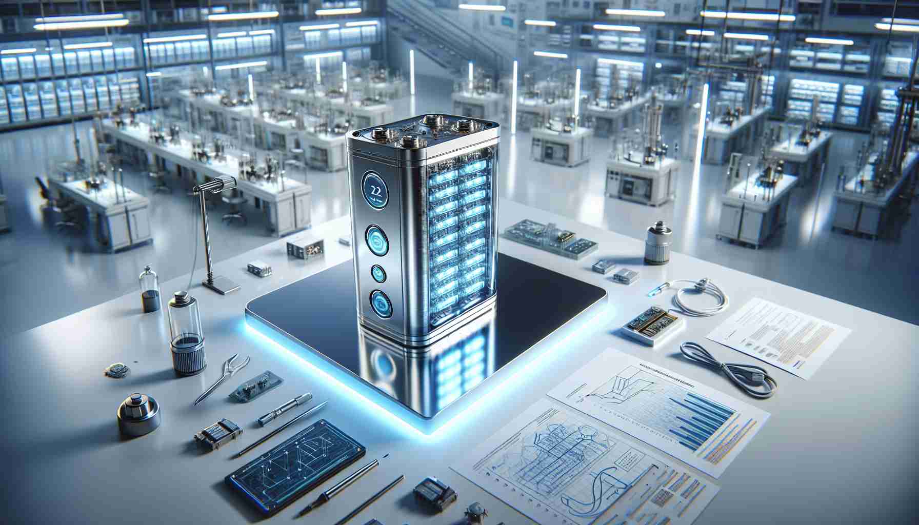 A highly detailed, realistic image of a groundbreaking battery innovation. This advanced power supply is compact, futuristic, and designed with state-of-the-art technology. The battery is sleek and metallic with glowing indicators that signify its impressive energy storage capabilities. The setting is a clean, modern research laboratory with polished white surfaces and bright LED lighting. Several tools and small electronic components are scattered around the workspace. To the side, there's technical documentation with graphs and diagrams explaining the unparalleled technology behind the innovation. The scene evokes a sense of marvel at this significant step forward in energy solutions.