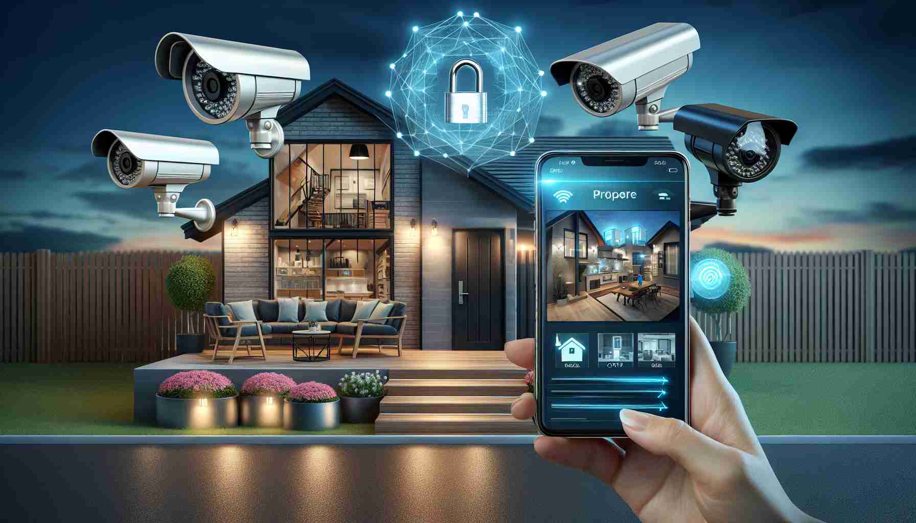 Create a realistic, high-definition image depicting enhanced property security using modern technology. This includes a residential property with a smart lock on the front door, CCTV cameras installed at strategic points, motion sensor lights, and a home automation system visible on a smartphone screen. Also, showcase a holographic screen showing live security feed placed in the living room. The ambience should give a sense of safety and advanced technology.