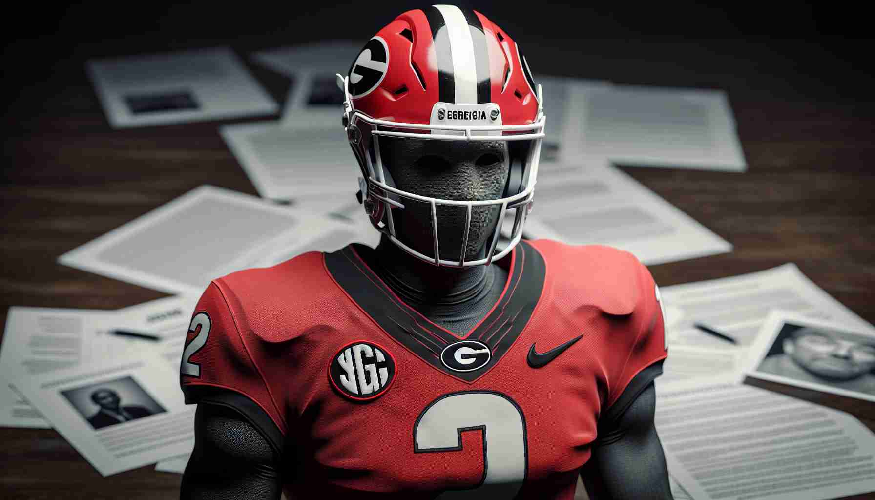 Realistic high-definition image of an anonymized American football player dressed in University of Georgia team uniform. The player in the photo should represent a poignant expression, denoting seriousness, implying they are dealing with life challenges. The background should subtly hint at some legal documents scattered around.