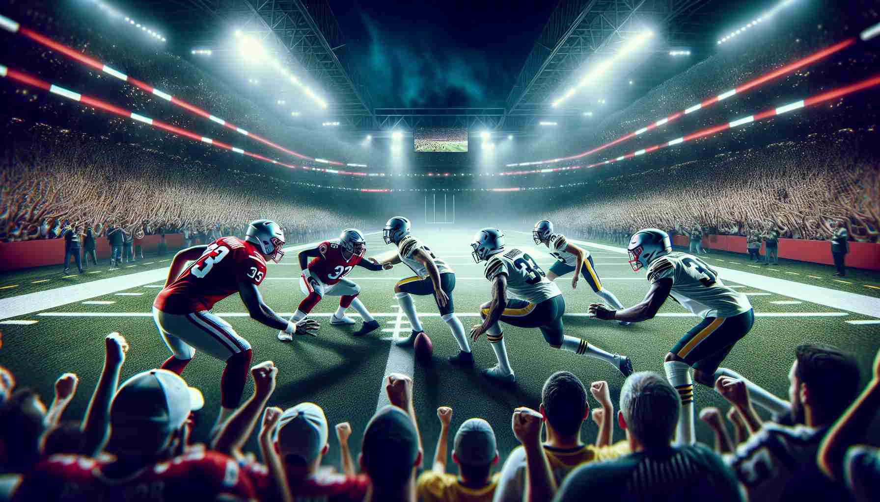 High-resolution image capturing an intense showdown between two sports teams in a highly-anticipated postseason match-up. Both teams are deeply engaged in the play, showcasing the tension and shared determination to secure victory. The stadium is filled to capacity with fans from both sides excitedly cheering, encapsulating the electric atmosphere and high stakes of the event.