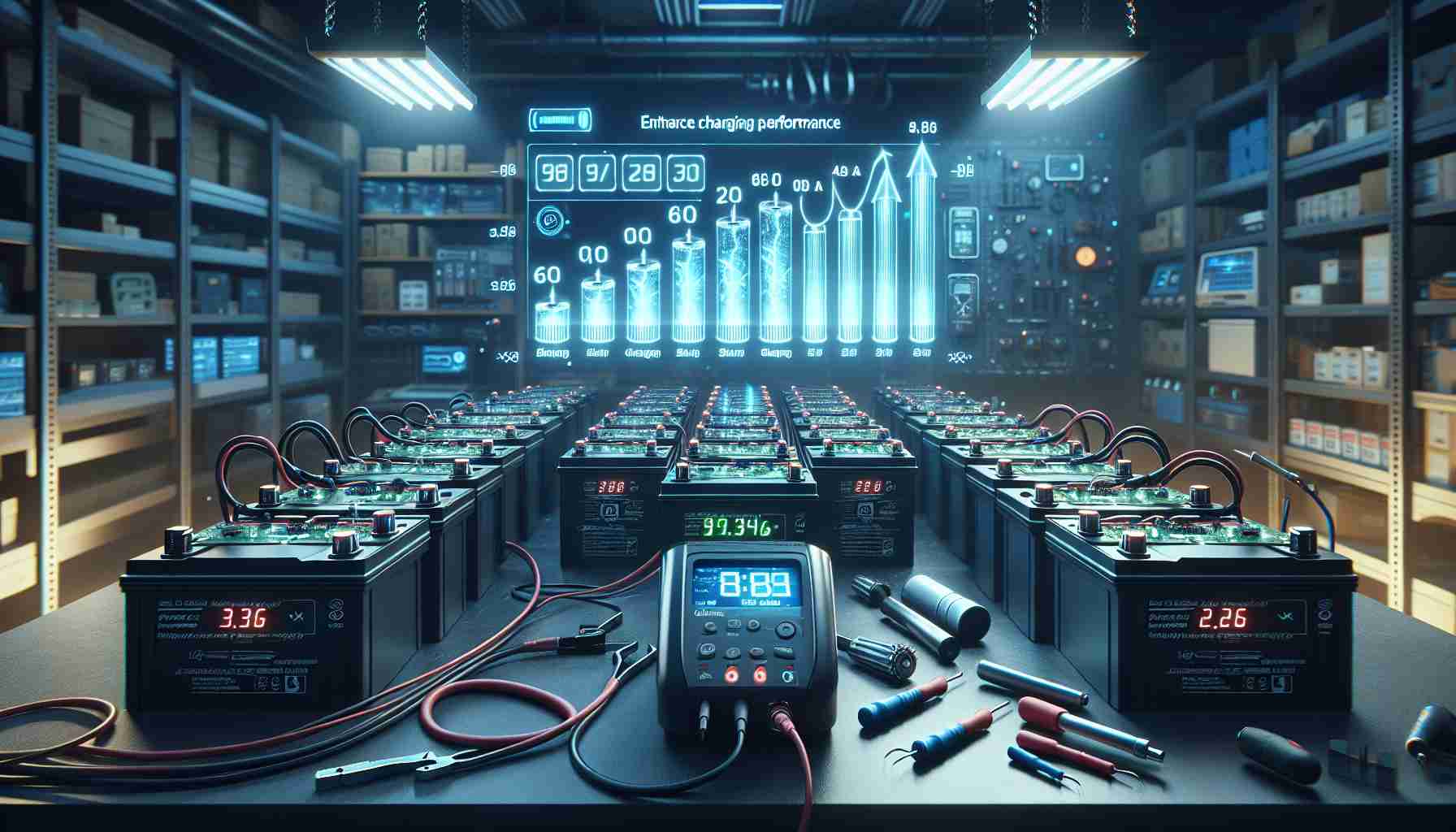 Create a realistic high-definition image showcasing the concept of enhancing charging performance for lead-acid batteries. This scene consists of several lead-acid batteries lined up, with visible indications of improved charging like LED lights glowing brighter than usual or digital numbers on a charger display increasing rapidly. The surrounding area is filled with technical equipment related to battery charging and performance enhancement, like multimeters, chargers, cables, and tools typically used by technicians. Ground the image in a laboratory or technical workshop setting with professional-looking tables and shelves holding various pieces of equipment.