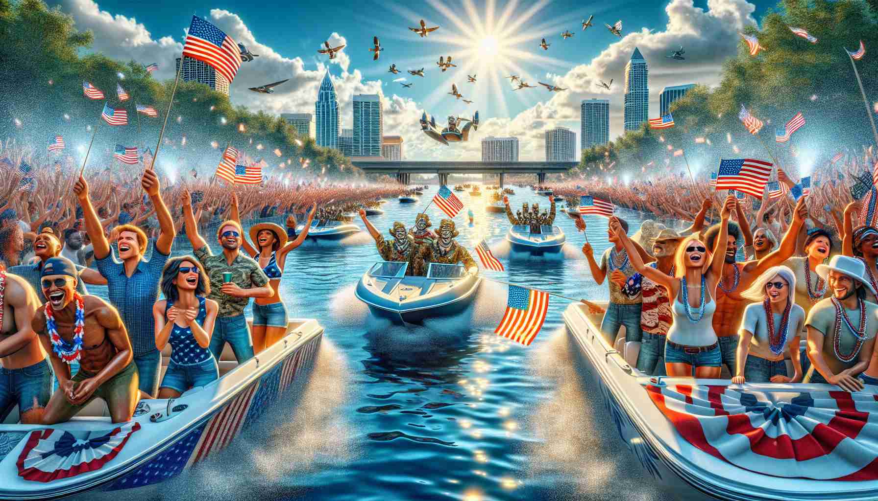 High-definition, realistic image of a group of people from different descents such as Caucasian, Hispanic, Black, Middle-Eastern, South Asian, gathered in Florida for a patriotic boat parade. The boats are adorned with various patriotic symbols, with a vibrant blue water background. Excited supporters, both men and women, waving flags cheer from boats and the shoreline. The sky is clear with a radiant sun casting shimmering light on the water.