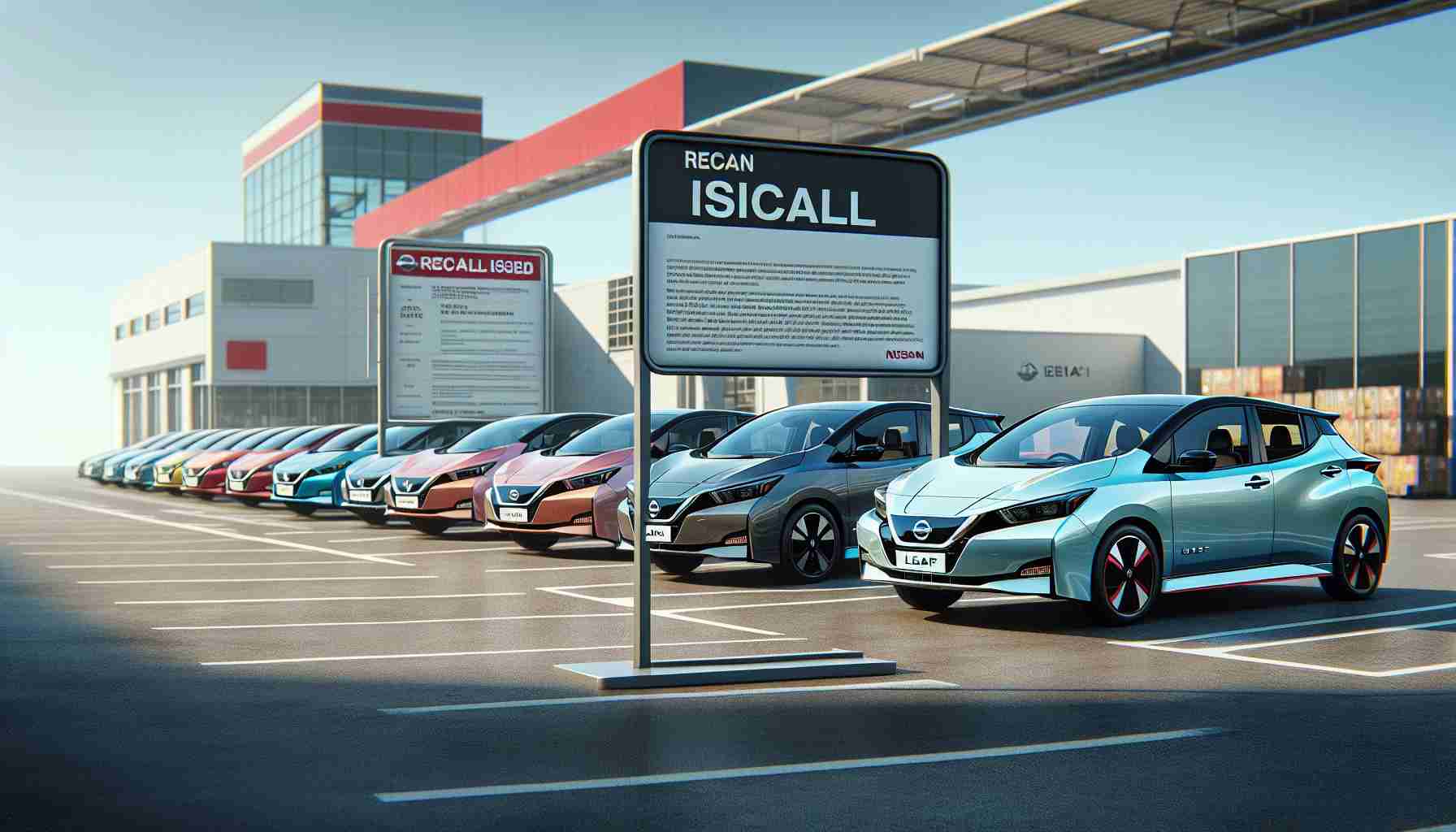 A highly detailed and realistic photograph showcasing a line of Nissan LEAF electric cars parked in a row. The cars are of various colors and styles to indicate a range of models. To signify a recall, an information board is clearly visible in the foreground, stating 'Recall Issued'. It's crucial that the colors, exterior designs and all other elements are precise, in order to accurately reflect the look of the actual vehicles. The whole setting should be in daylight with clear sky.