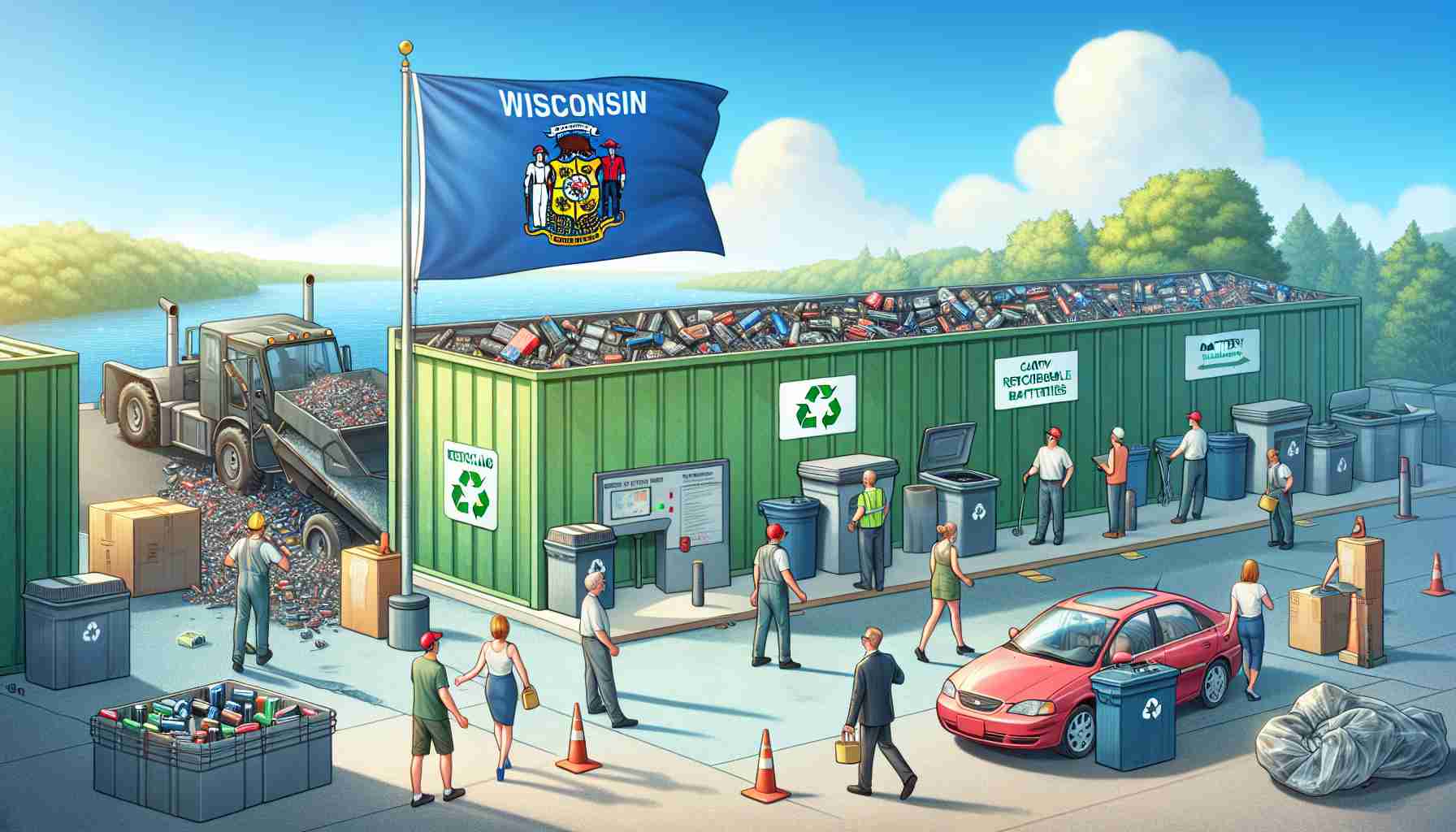 A detailed depiction of eco-friendly methods of battery disposal in Wisconsin. The image should include a recycling center with the Wisconsin state flag in the background. People of varying descent and gender are actively participating in the process of disposing batteries in an environmentally friendly manner. Some Car batteries and rechargeable batteries are displayed with symbols for recycling. The setting is during the day, under a clear, blue sky. The image should be in realistic, high-definition quality.