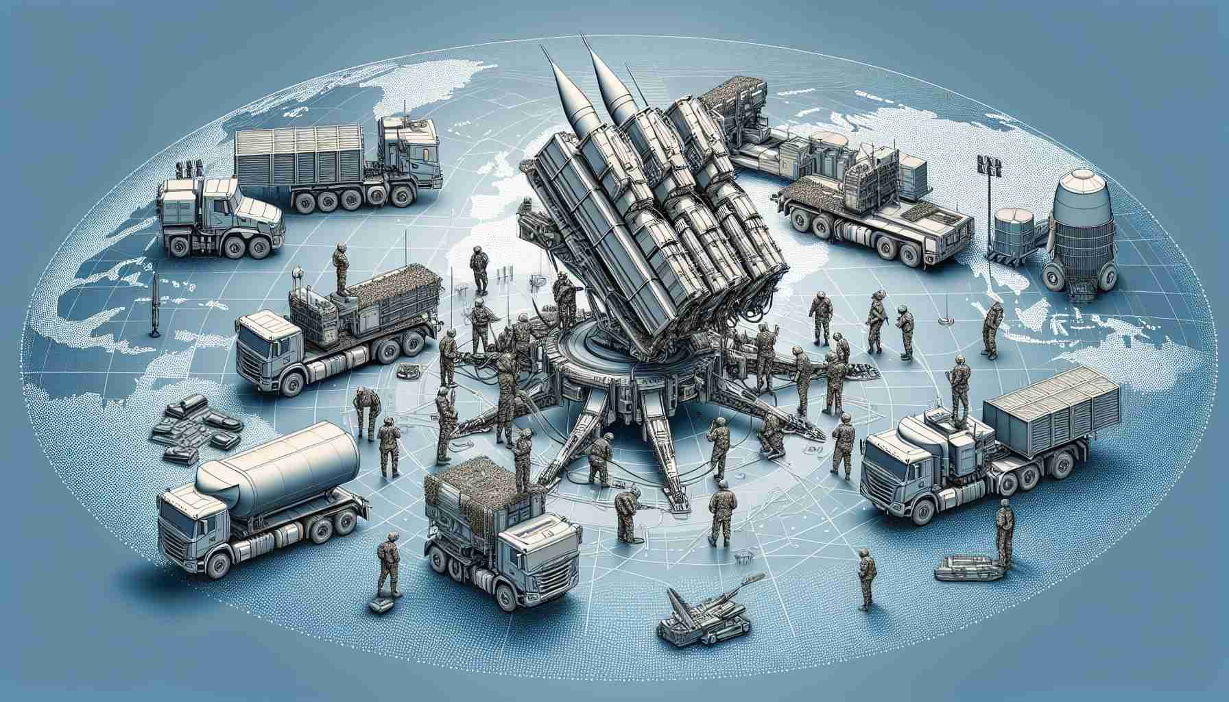 A detailed, high-definition illustration of an advanced defense system being deployed, under the bright blue sky, ostensibly for the purpose of supporting an unspecified foreign nation. The defense system is surrounded by soldiers wearing camouflage outfits, meticulously working on the setup of the system. Military trucks are spotted in the background, symbolizing support and readiness. The image does not depict any specific country or political context.