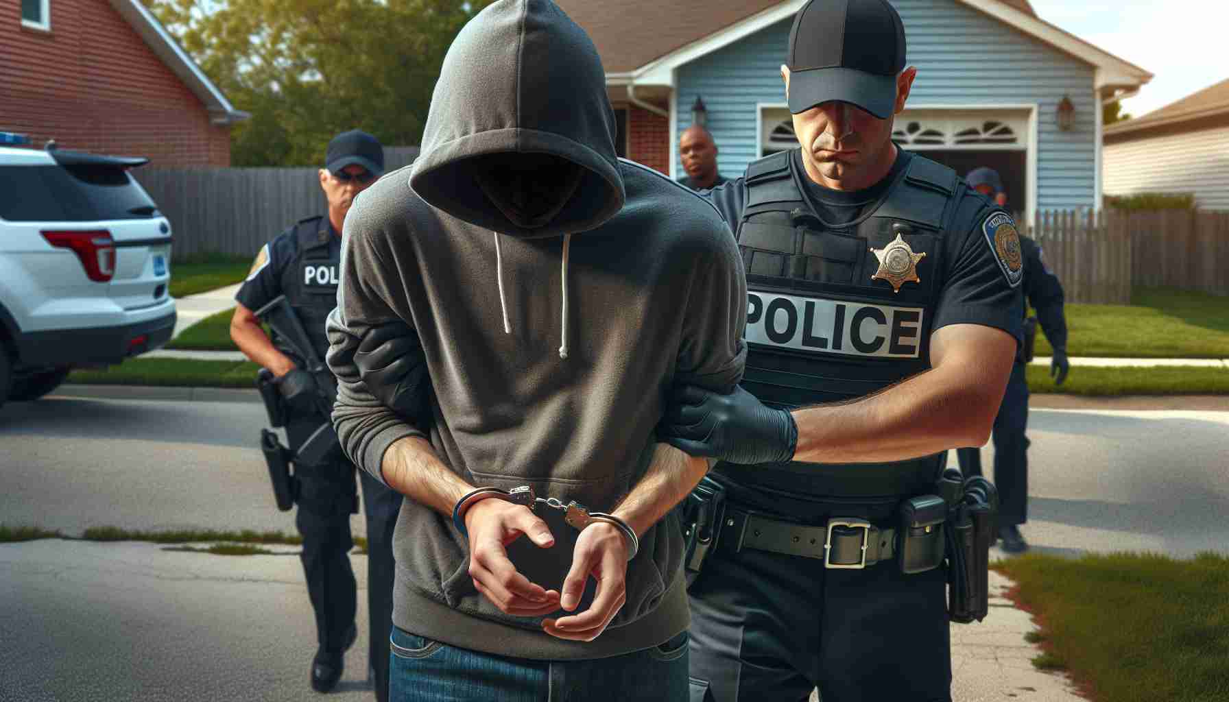 Realistic high-definition image of an anonymous human male handcuffed and being taken into custody by law enforcement officers in a typical suburban landscape representative of East Moline, due to accusations of endangering a child.