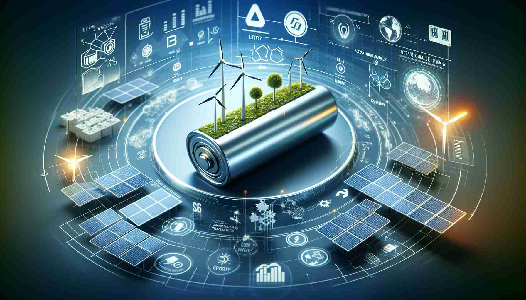 Generate a high-definition, realistic image representing the benefits of sustainable energy solutions for lithium batteries. Include visuals such as solar panels and wind turbines, along with diagrams illustrating how they can power rechargeable lithium batteries. Also, show the positive environmental impacts like reduced pollution levels, and the repurposing of lithium elements, indicating a circular economy.