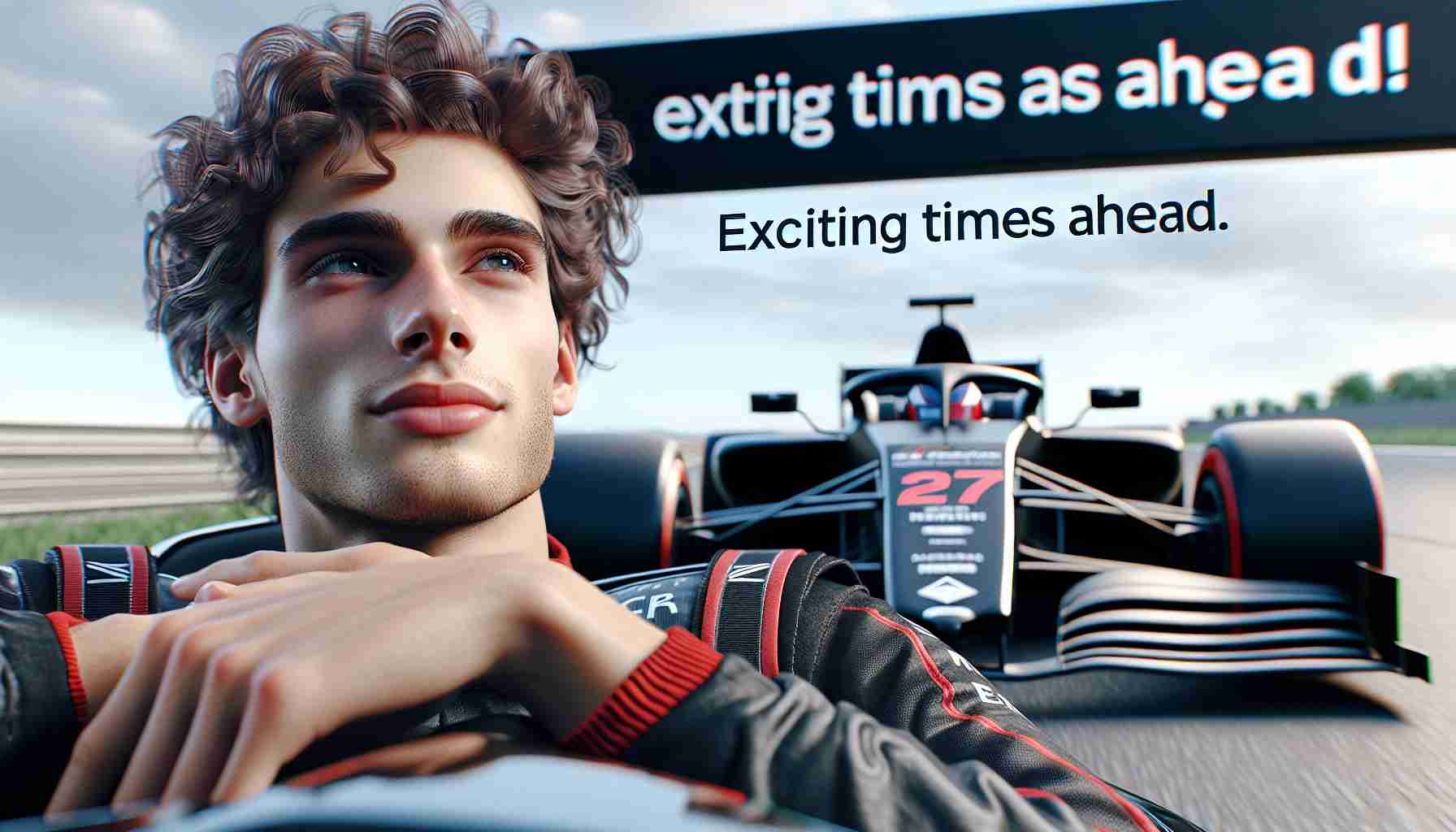 Render a realistic HD image showcasing a rising star in the motorsports world, a young driver showing promising talent. The scene depicts his exhilaration for the future, as suggested by the phrase 'Exciting Times Ahead'. He has curly hair and a lean athletic build. His racing car, number 27 with black and red livery, can be seen in the background, ready for the next big race.