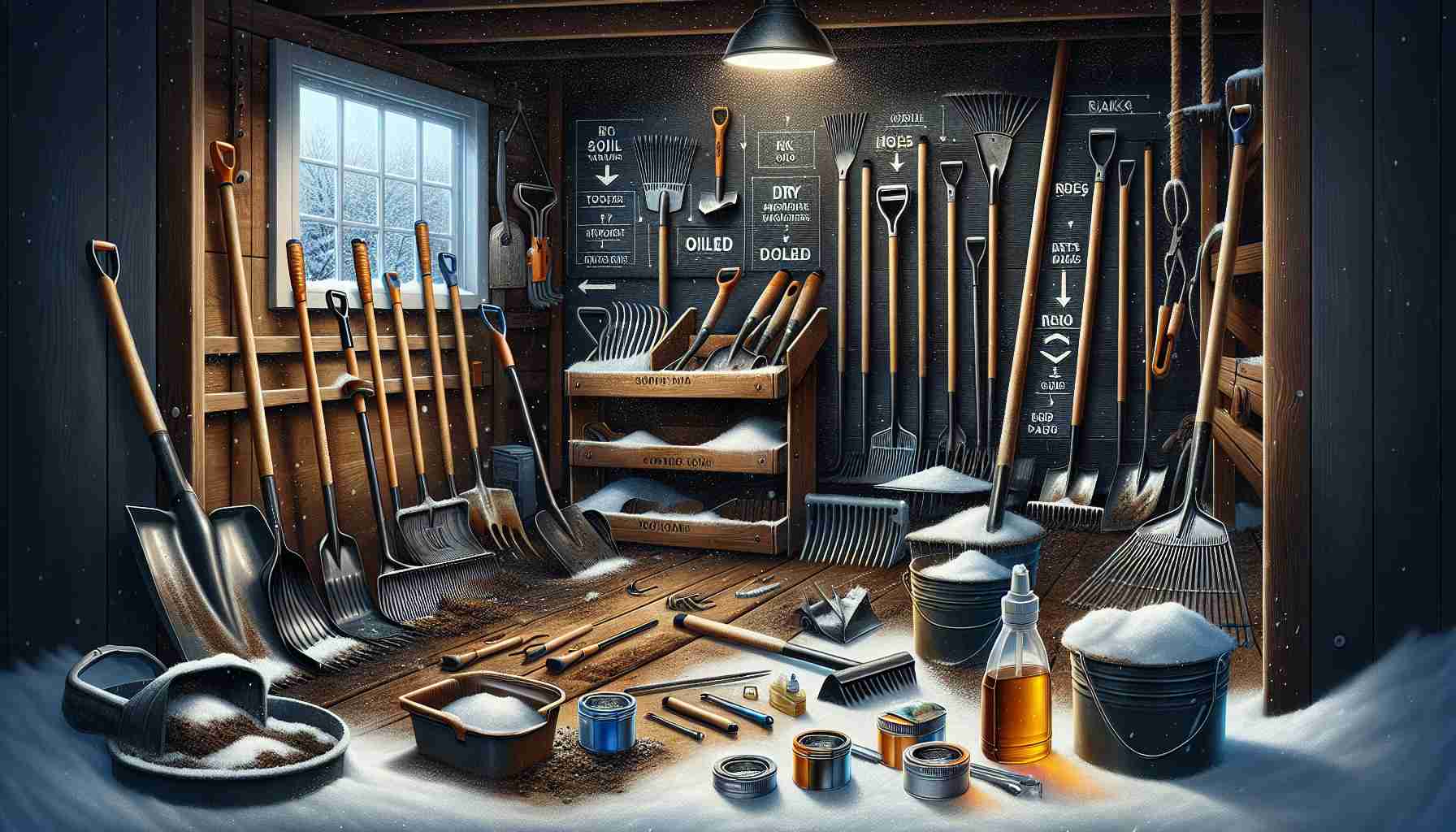 A detailed scene in high definition showcasing proper winter care for yard tools. It includes a selection of tools like rakes, hoes, and shovels, cleaned and oiled, neatly stored in a dry and dark tool shed. A step-by-step visual guide on tool maintenance is depicted, with emphasis on removing soil and debris, drying the tools thoroughly to prevent rust, applying oil to metal parts, and storing them in a safe place. Snow is lightly falling outside the door of the shed, enhancing the atmosphere of winter.