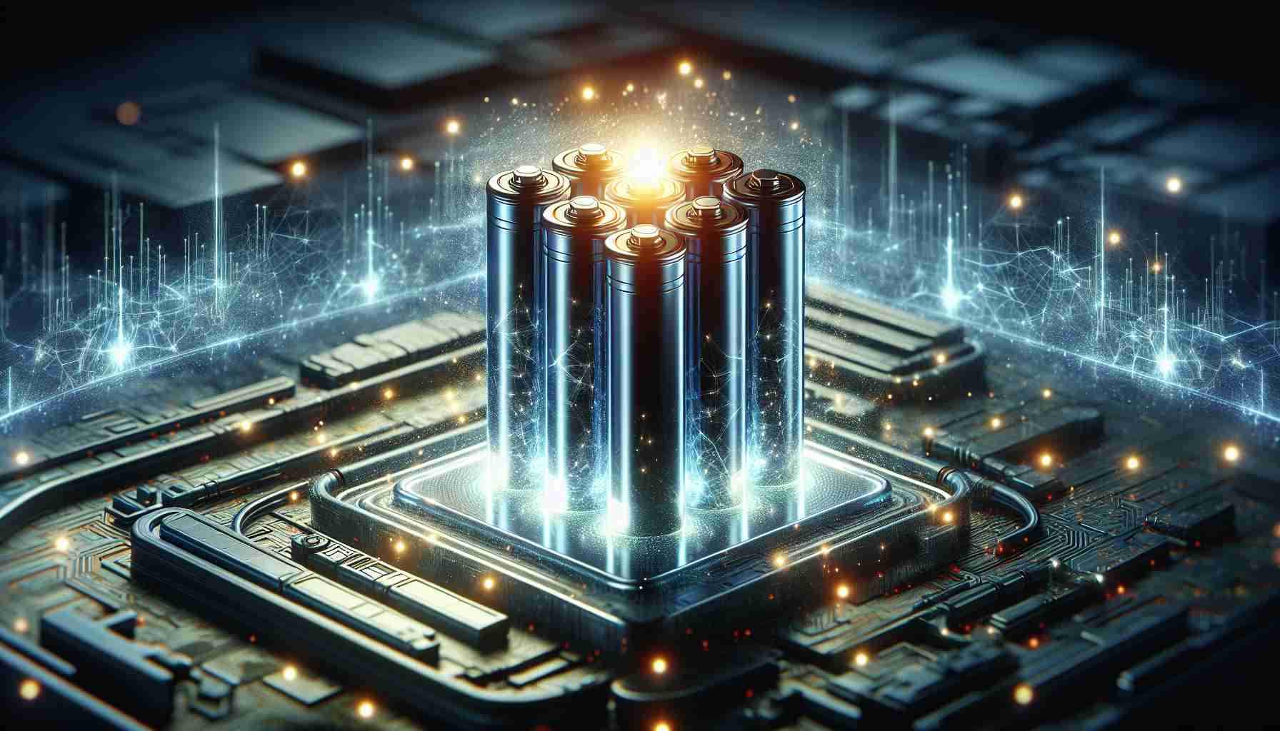 A high-definition, realistic visual representation of breakthrough innovation in energy storage technology. Showcase a cutting-edge battery, glowing with energy, set against a futuristic backdrop. Illustrate the battery with multiple cells, perhaps cylindrical in shape, symbolizing advancements in longevity and efficiency. Emphasize the idea of energy revolution with visual elements such as electric sparkles, focusing on the confluence of science and technology in evolving energy storage.