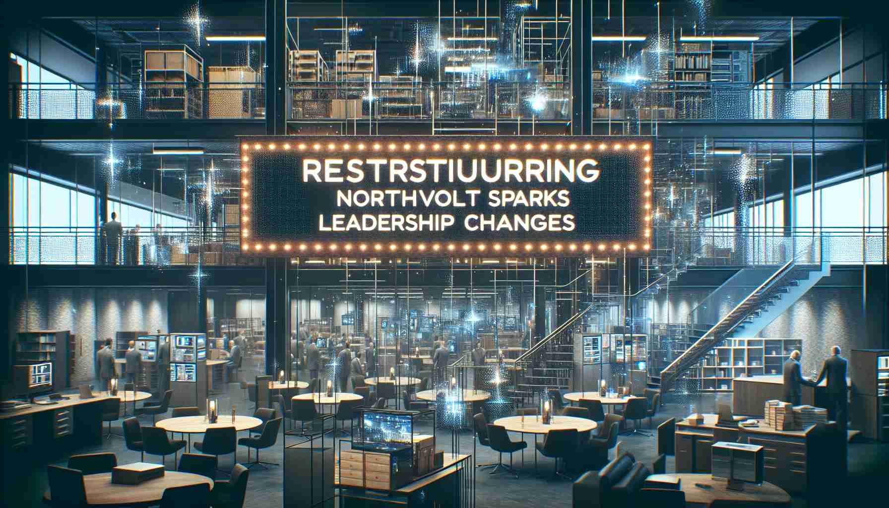 Text display in elegant font, presenting the following statement: 'Restructuring at Northvolt Sparks Leadership Changes'. Background consists of a bustling headquarters of a technology company showing signs of physical changes like rearranged furniture, new room names, and shifted equipment. The scene takes place in the daytime and is visually detailed, achieving a high-definition quality.