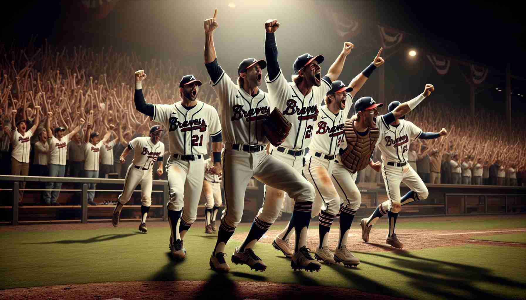 High-definition and realistic image that portrays an unprecedented season of resilience for a baseball team known as 'The Braves'. The image should encompass the essence of their determination, strength, and enduring spirit throughout the season. The team members should be seen either on the field showing steadfastness during a challenging game or celebrating a victorious moment together symbolizing their perseverance.