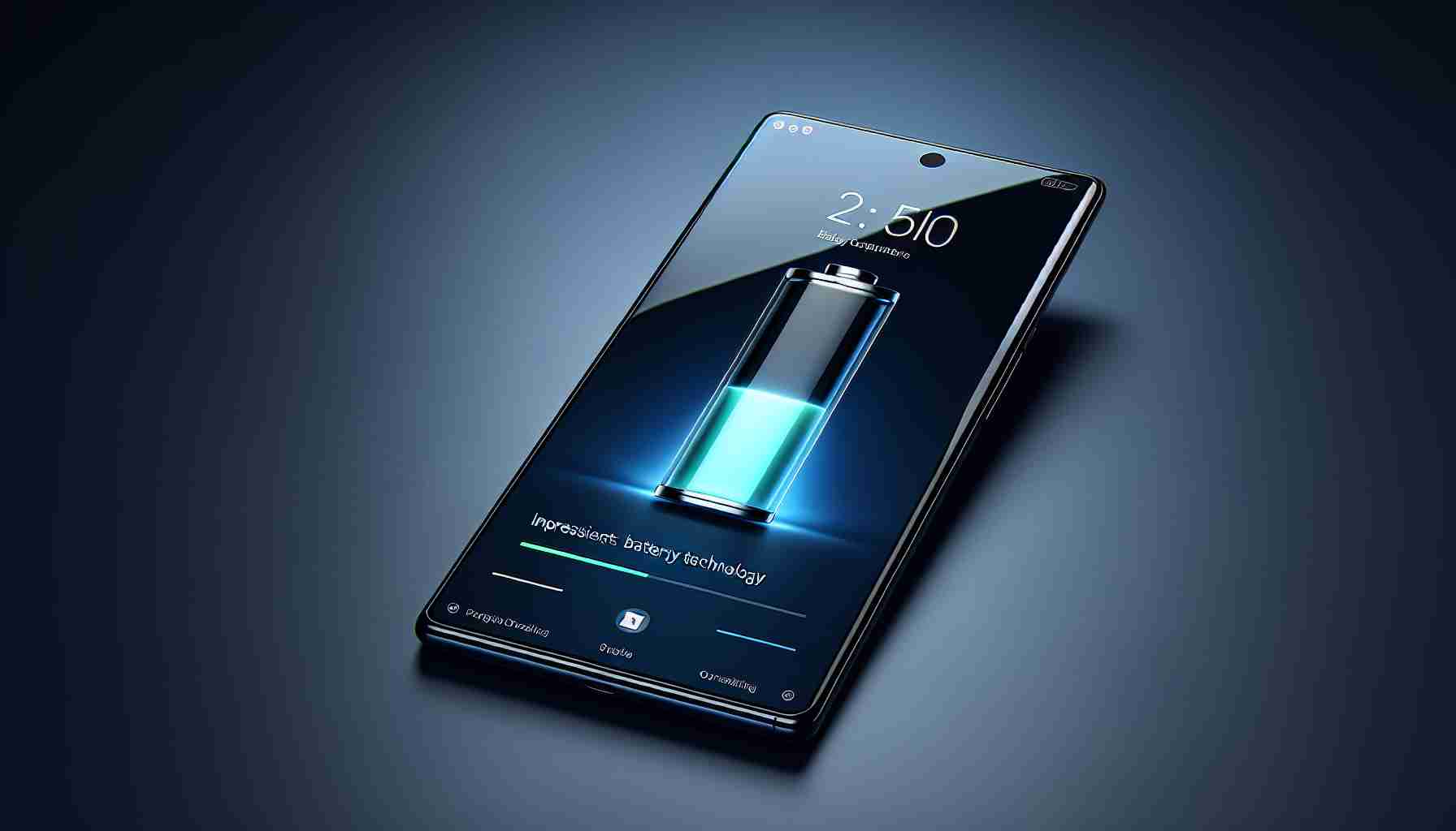 Visualize a high-definition photorealistic visualization of a newly-released contemporary smartphone. It's stylish and exciting, showcasing impressive battery technology which is a significant feature of this device. The smartphone boasts a slim design, a glossy screen, and precise detailing to emphasize its high-quality construction. The battery icon on the crisp display is ideally full, symbolizing the product's superior battery life. Please ensure the technology's modernity and progression are highlighted, avoiding specific brand names or identifiable logos due to policy constraints.