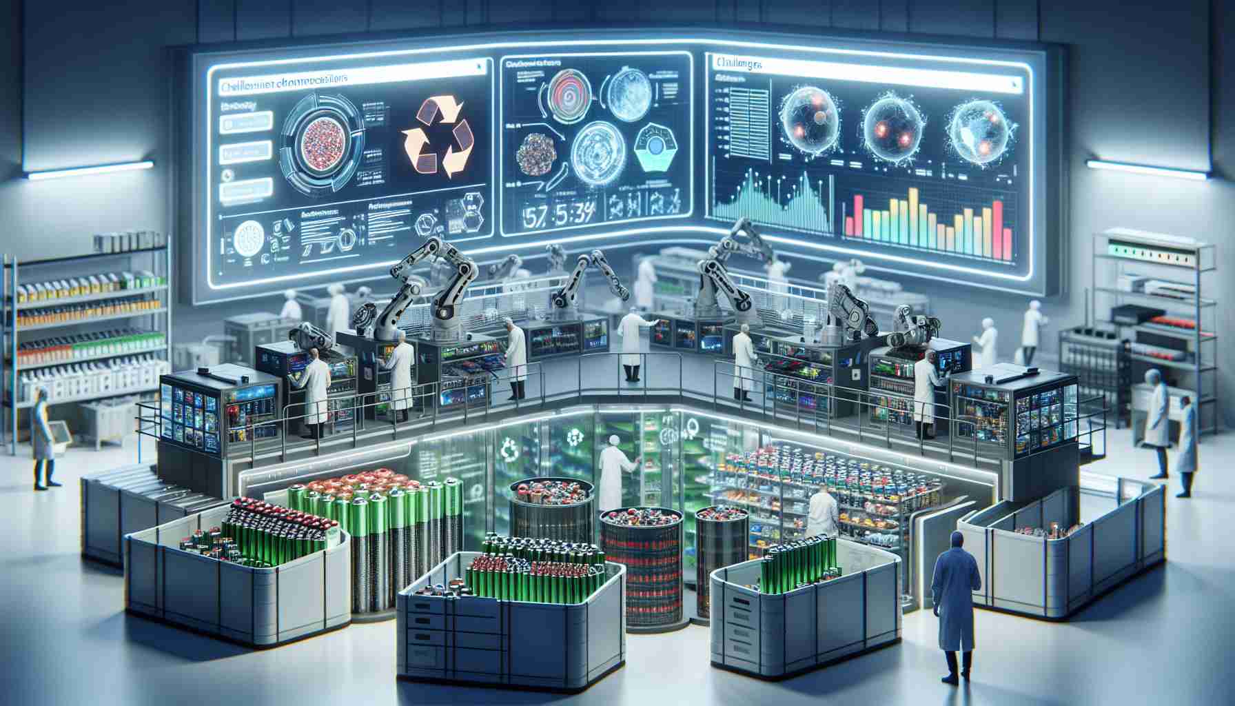 A high-quality, photorealistic image illustrating the future of battery recycling, demonstrating both its innovations and challenges. Show a futuristic recycling facility with robotic arms sorting various types of batteries into different bins. There should be screens displaying real-time analytics of the process. On the challenges side, depict researchers in lab coats, trying to figure out complex schematics representing the difficulties of dealing with different battery materials. A few batteries are cracked open to reveal their complex inner structures. Infographics and charts on large display screens represent statistical challenges faced in the recycling process.