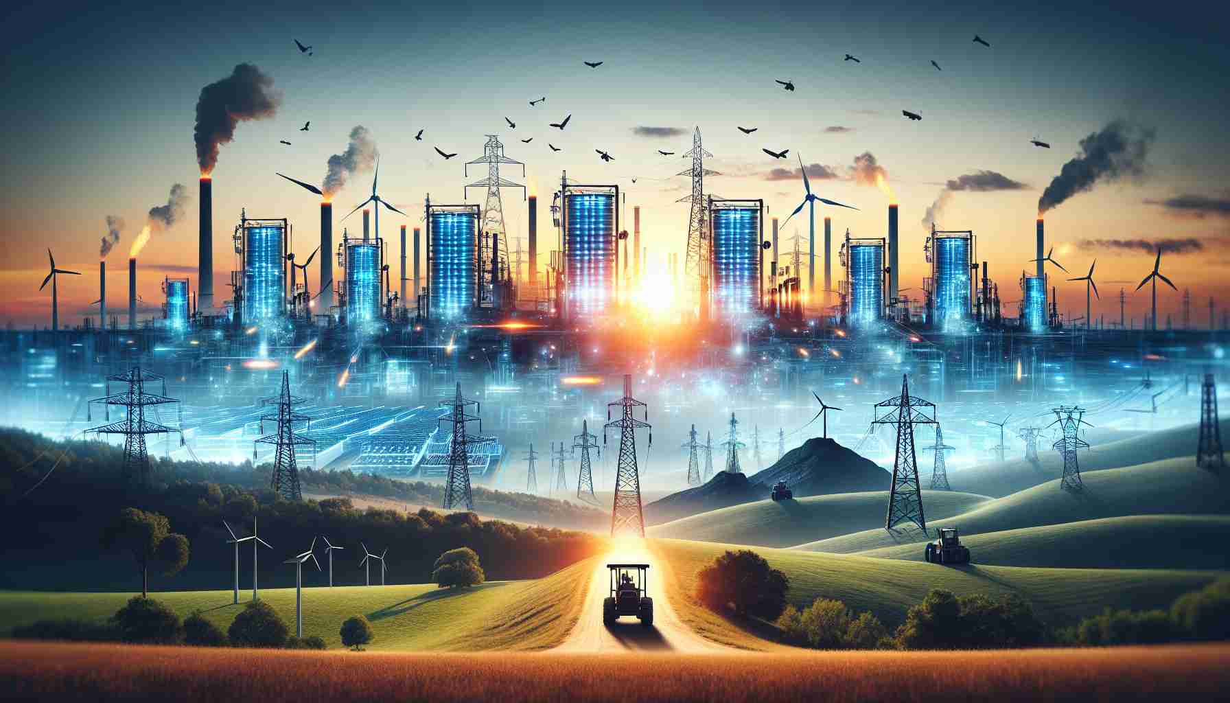 Generate a high-definition, realistic illustration symbolizing the revolution in the energy landscape with the rise of battery storage. Imagine a landscape horizon, with traditional energy sources like oil derricks, coal mines, and transmission lines fading off into the distance. Replace them with sleek, modern battery storage facilities rising up, glowing with electric power, and accompanied by renewable energy installations like solar panels and wind turbines. Show a transition from the old to the new energy paradigm.